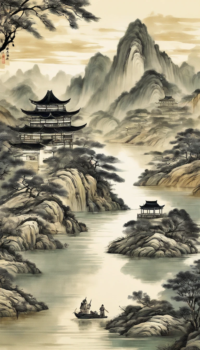 A mountain painting with a river and a village, Chinese painting style, inspired by Huang Binhong, Traditional Chinese Ink Painting, Chinese ink painting, Traditional Chinese painting, Traditional Chinese art, inspired by Zhang Shunzi, Chinese landscape, China ink painting, Chinese painting, inspired by Wang Shishen, Inspired by Zhang Daqian, the top is printed with a gold-plated calligraphy font