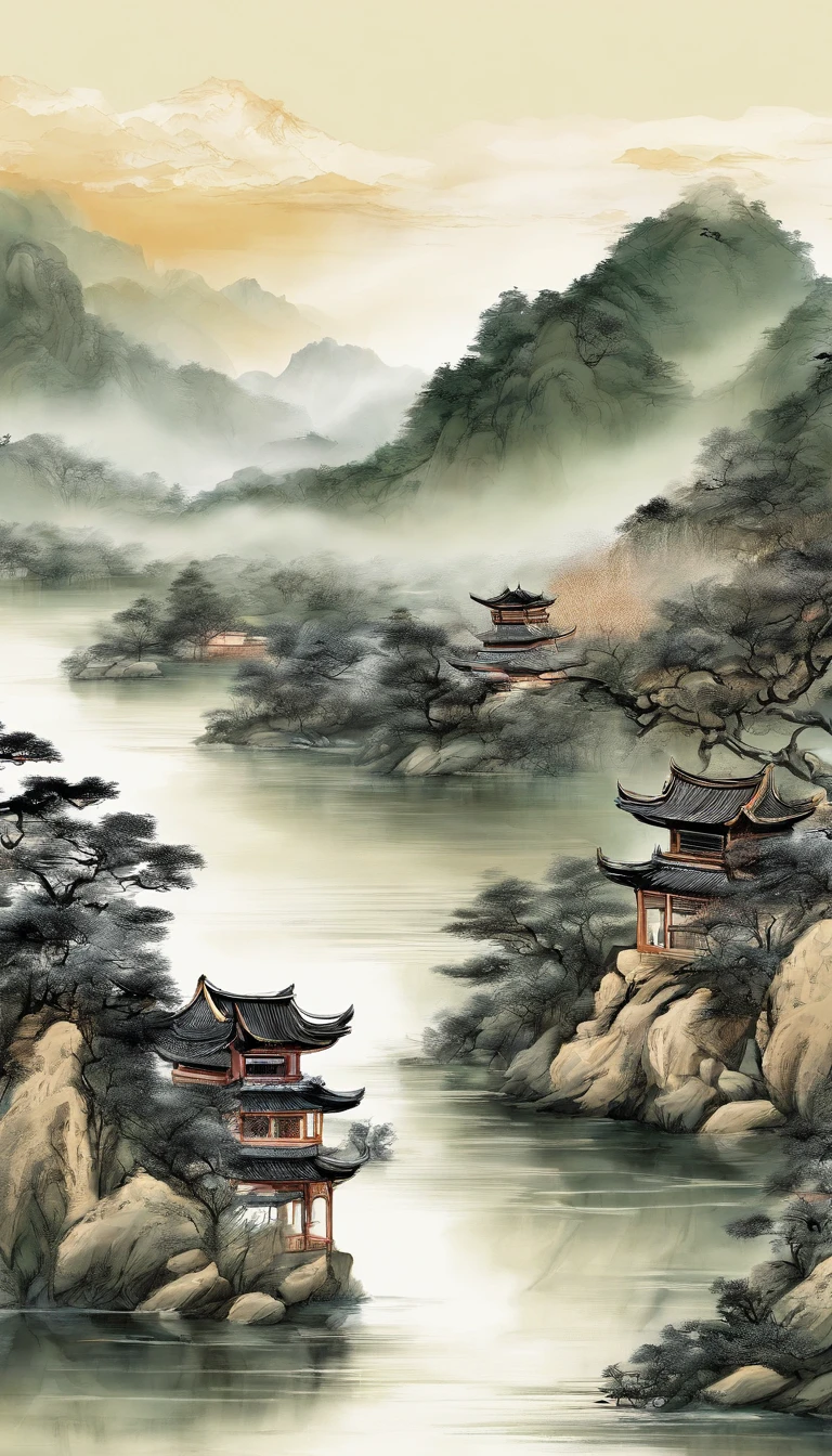 A mountain painting with a river and a village, Chinese painting style, inspired by Huang Binhong, Traditional Chinese Ink Painting, Chinese ink painting, Traditional Chinese painting, Traditional Chinese art, inspired by Zhang Shunzi, Chinese landscape, China ink painting, Chinese painting, inspired by Wang Shishen, Inspired by Zhang Daqian, the top is printed with a gold-plated calligraphy font