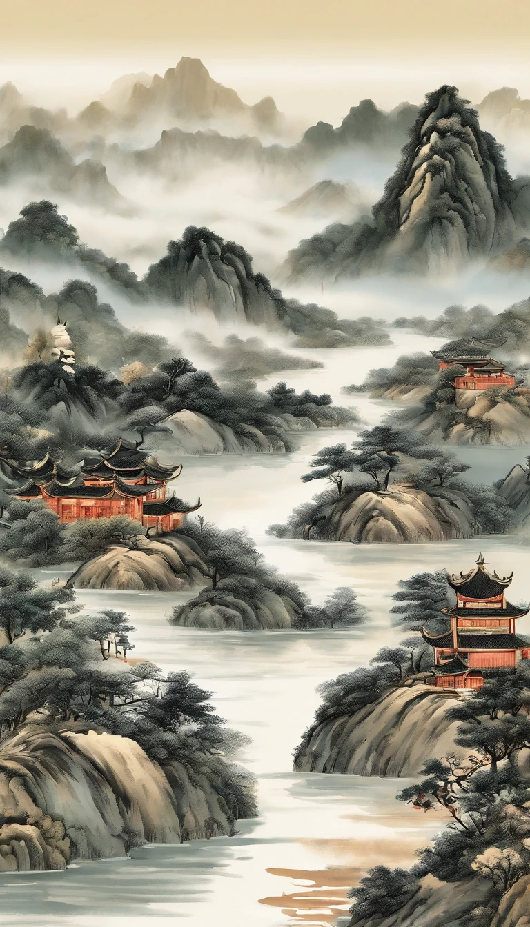 A mountain painting with a river and a village, Chinese painting style, inspired by Huang Binhong, Traditional Chinese Ink Painting, Chinese ink painting, Traditional Chinese painting, Traditional Chinese art, inspired by Zhang Shunzi, Chinese landscape, China ink painting, Chinese painting, inspired by Wang Shishen, Inspired by Zhang Daqian, the top is printed with a gold-plated calligraphy font