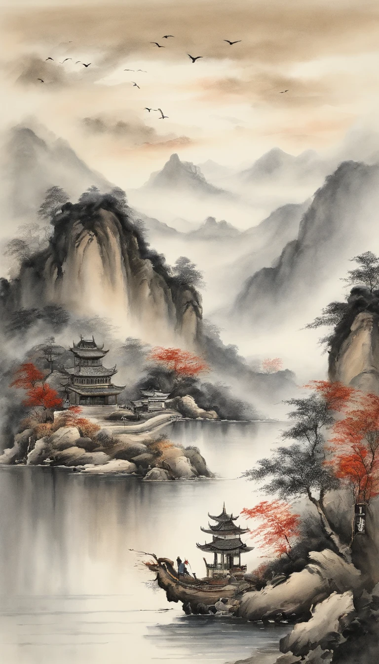 In Chinese landscape painting、Use ink and watercolor styles、We produce on the screen by incorporating ink、Depict detailed landscapes from a distance to an ultra-wide perspective.。A light boat floats in the distance、Tarnished that meticulous detail、Beautifully depicted in low saturation and low contrast tones。Light boat through the Ten Thousand Mountains、It is made as a masterpiece，With beautiful detail and accuracy。This work is T's masterpiece、"Amaterasu"It will also produce the following elements。