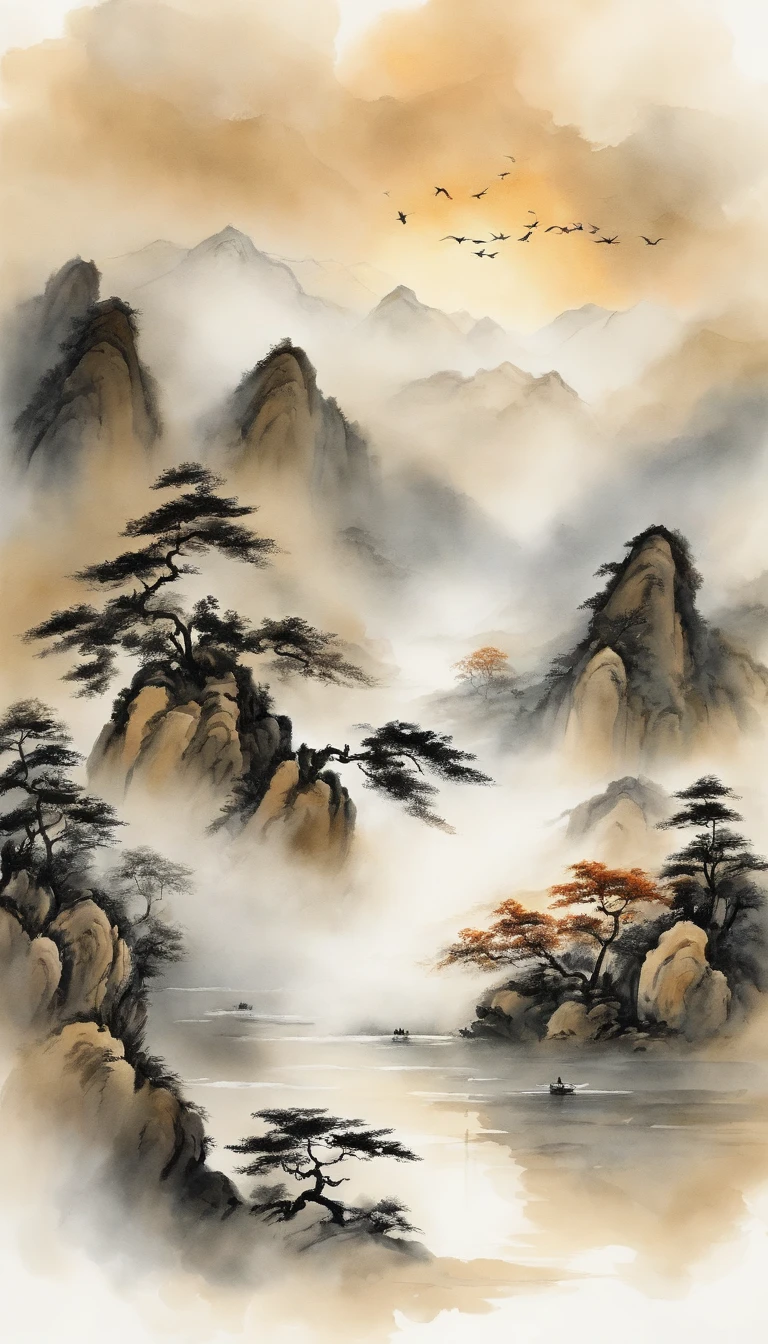 Super beautiful ink landscape painting,Stunning view of the ancient mountain。in the style of serene atmosphere,The sun shines softly on the mountain peaks,Creates a captivating afterglow effect。The picture shows low-saturation colors,And mostly black, White and gray,It gives a light and elegant feeling。The composition follows the golden section,Make the overall picture balanced and harmonious。The style of this painting is a reference to ancient Chinese landscape painting,Presented in the form of realism and ink drafts,Showcasing authentic craftsmanship。Such landscape paintings are the work of the artist,His ink style and unique artistic expression can be felt。