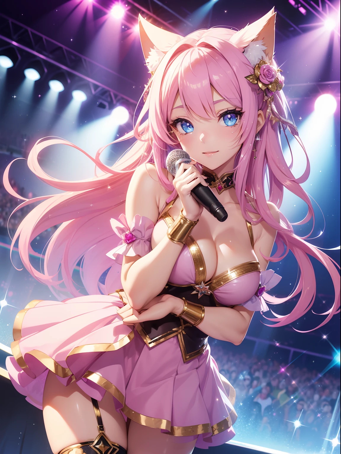 masutepiece, High resolution, 8K, ((anime woman)), Delicate and detailed writing 、Wolf ears、Detailed digital illustration、Braided hair、Shiny hair、Side bangs、a very beautiful woman、Eyes are double, Large, Bust B Cup、High image quality, High quality、Detailed background、(((Wearing idol clothes)))、((Glittering live stage backdrop))、The inside of the eye shines like a diamond (Blue eyes)、Pink hair、Gradient pupil、(((2 arms、4 fingers, 1 thumb)))、Detailed female face、Very beautiful and cute woman、、细致背景、masterpiece、Soft Focus , Happy smiling face, Bright gradient watercolor , Lens Flare , (((Glitter))) , Glow , Dreamy , (((Holding a glitter microphone in your hand)))、a miniskirt、Idol、Pink ribbon、Very beautiful purple rose hair accessories. Pink and gold costume with white as the main color、((Straight at the angle of the front))、Glitter Cat Ear Headband、(((Take an idle pose)))、Panchira、