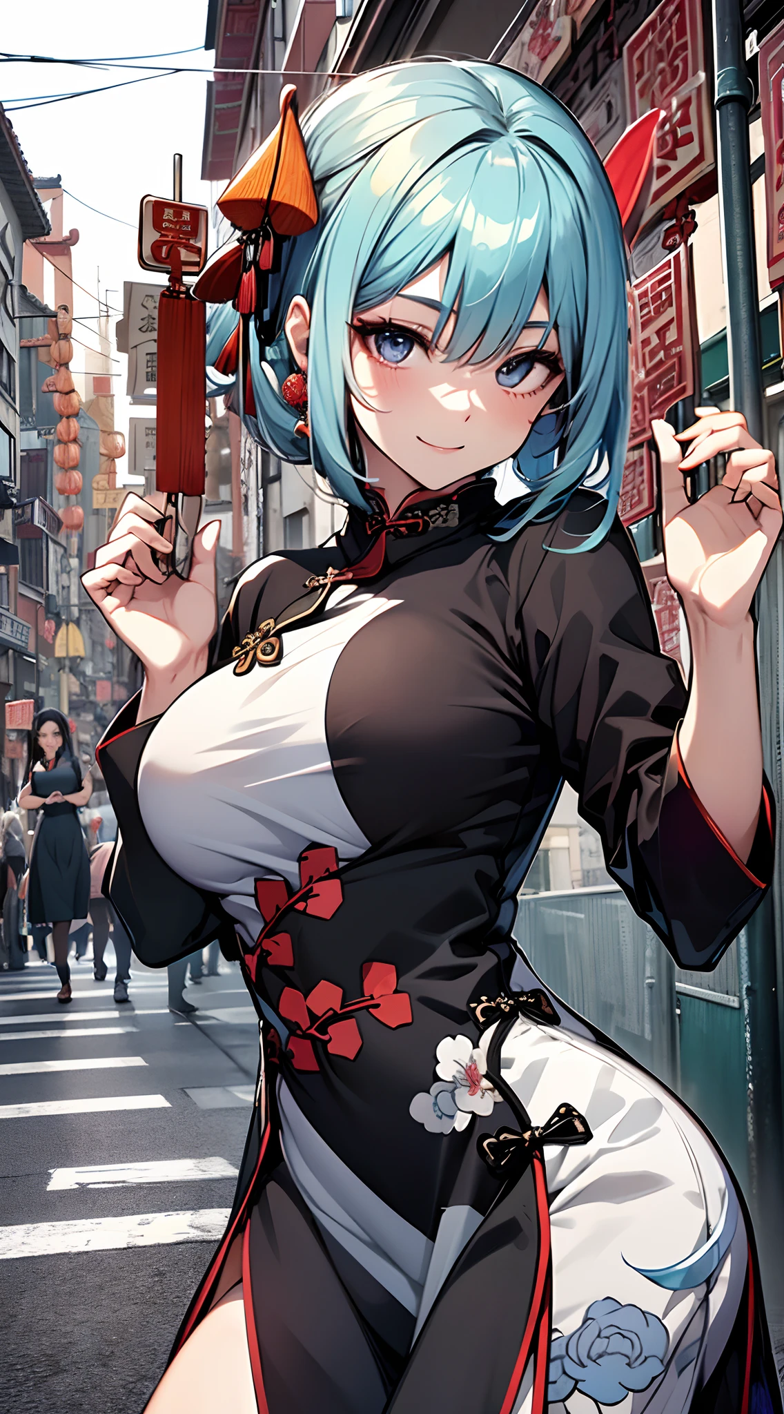 top-quality、supreme１People Girls,hightquality,A detailed face、A detailed eye、Detailed nose、Detailed mouth、 Beautiful expression, ((masuter piece)), ((High resolution)), ((Best Quality)), detail, (NSFW ,cum faced、Excited face.Very happy,), ((Lustrous skin)), (qipao dress:1.6)、 girl with, lightblue hair, (Straight、Bangs Patsun)、raise one leg up:1.5、fair white skin:1.3、、Colossal tits, cinmatic lighting, perfectly shaded,(((Chinatown))), Realistic lighting with shades,