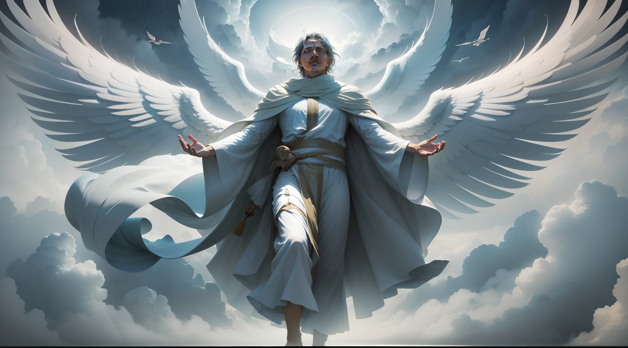 Anjo Gabriel, homem, vestindo uma bata branca. 42 anos de idade, human appearance, (((descending from the skies floating in the midst of the clouds))), celestial, (((full-length))), perfeitamente estruturado, desenhado por Kekai Kotaki
