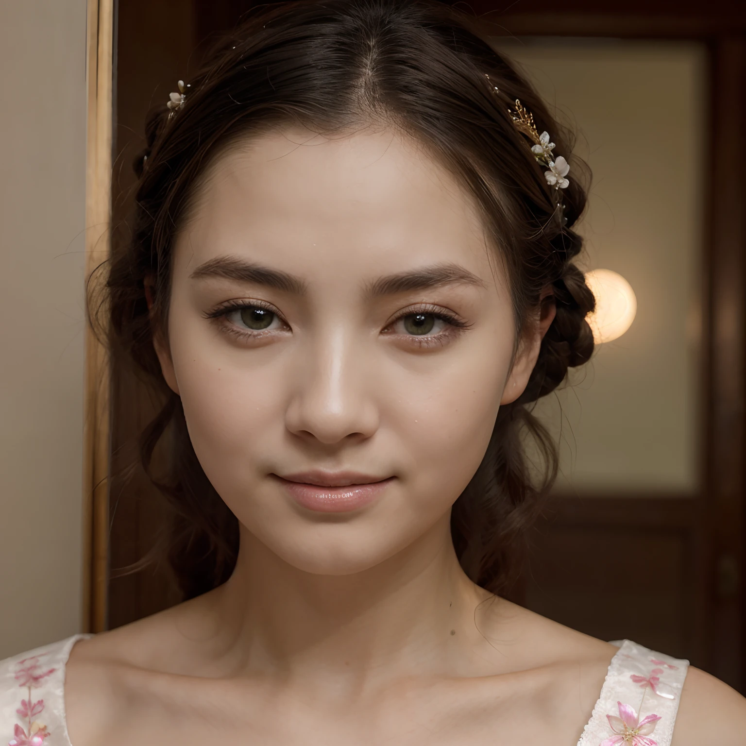 Masterpiece, best, night, full moon, 1 female, mature woman, Chinese style, ancient China, elder sister, royal sister, smile, dark brown hair, dark hair, princess cut, braid, curly hair, double ball head, pale pink Lips, calm, intellectual, medium hair, green pupils, hairpin, hydrangea, delicate face, face close-up, hand close-up
