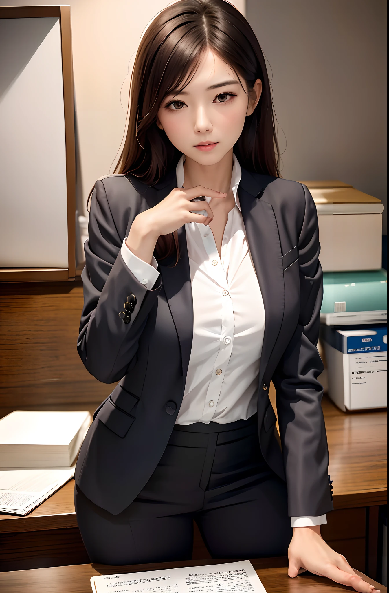 1girl,solo, parted lips, office lady, business suit ,
river,mountain, hand on arm , looking at viewer,