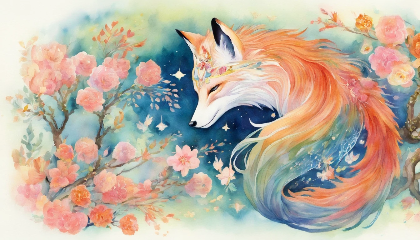 Watercolor kurama fox with lush tail in kimono