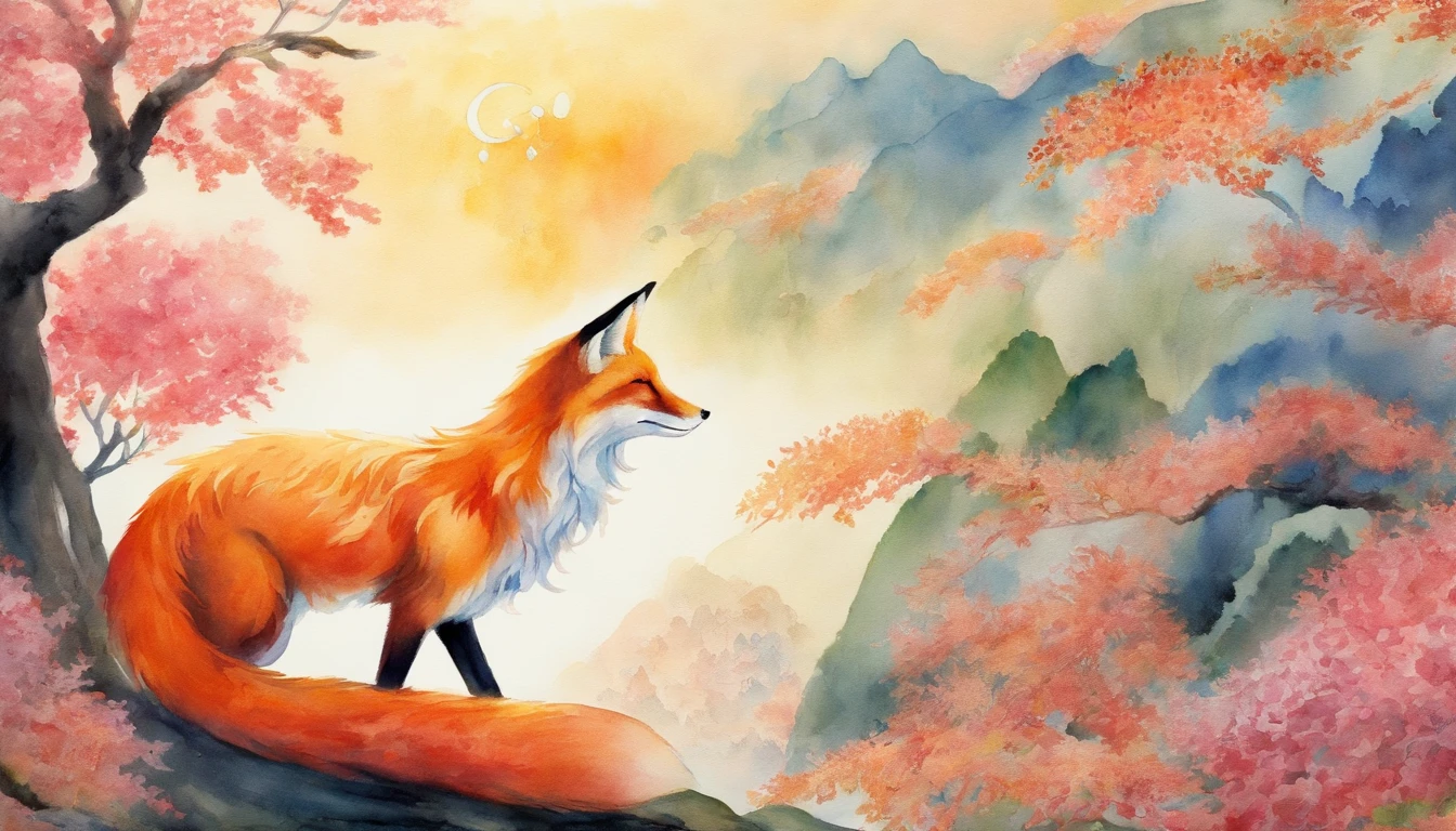 Watercolor kurama fox with lush tail in kimono