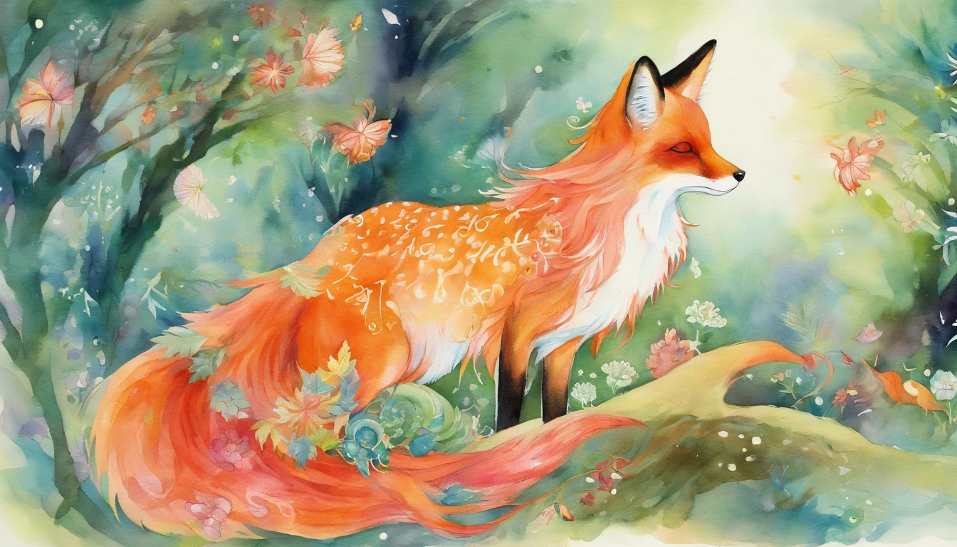 Watercolor kurama fox with lush tail in kimono