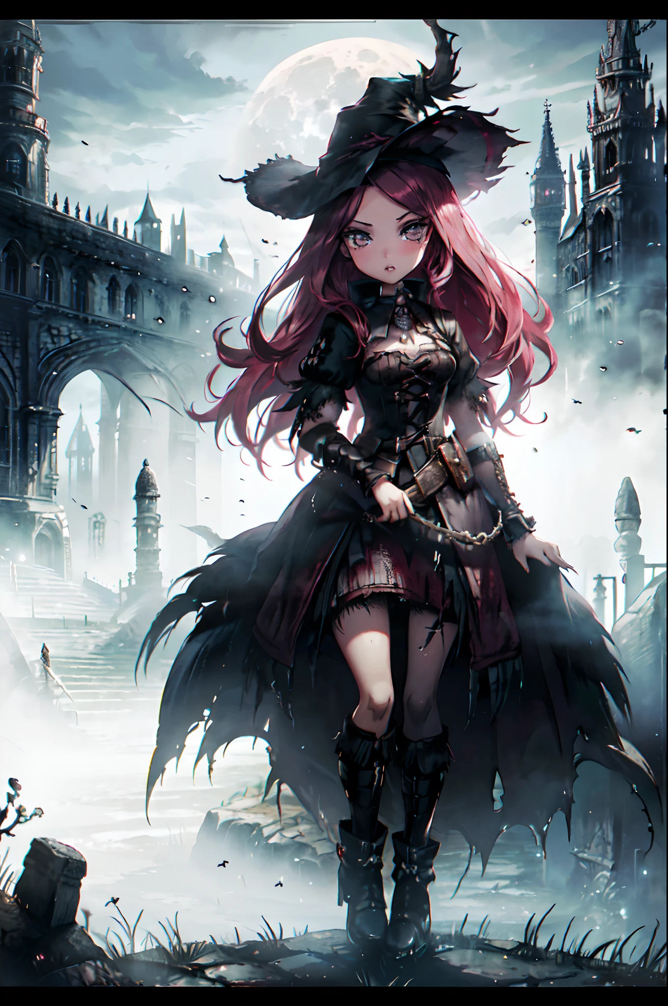 ((BRATZ DOLL)) 1girl, female hunter, full body, Bloodborne background, ((location: Yharnam)), cinematic style, cinematic lighting, dark lighting, foggy weather, full moon, giant moon, perfect anatomy, perfect physics.