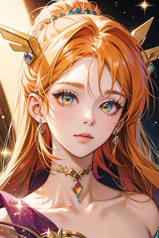 anime style; 3d; glitter; amber stone goddess