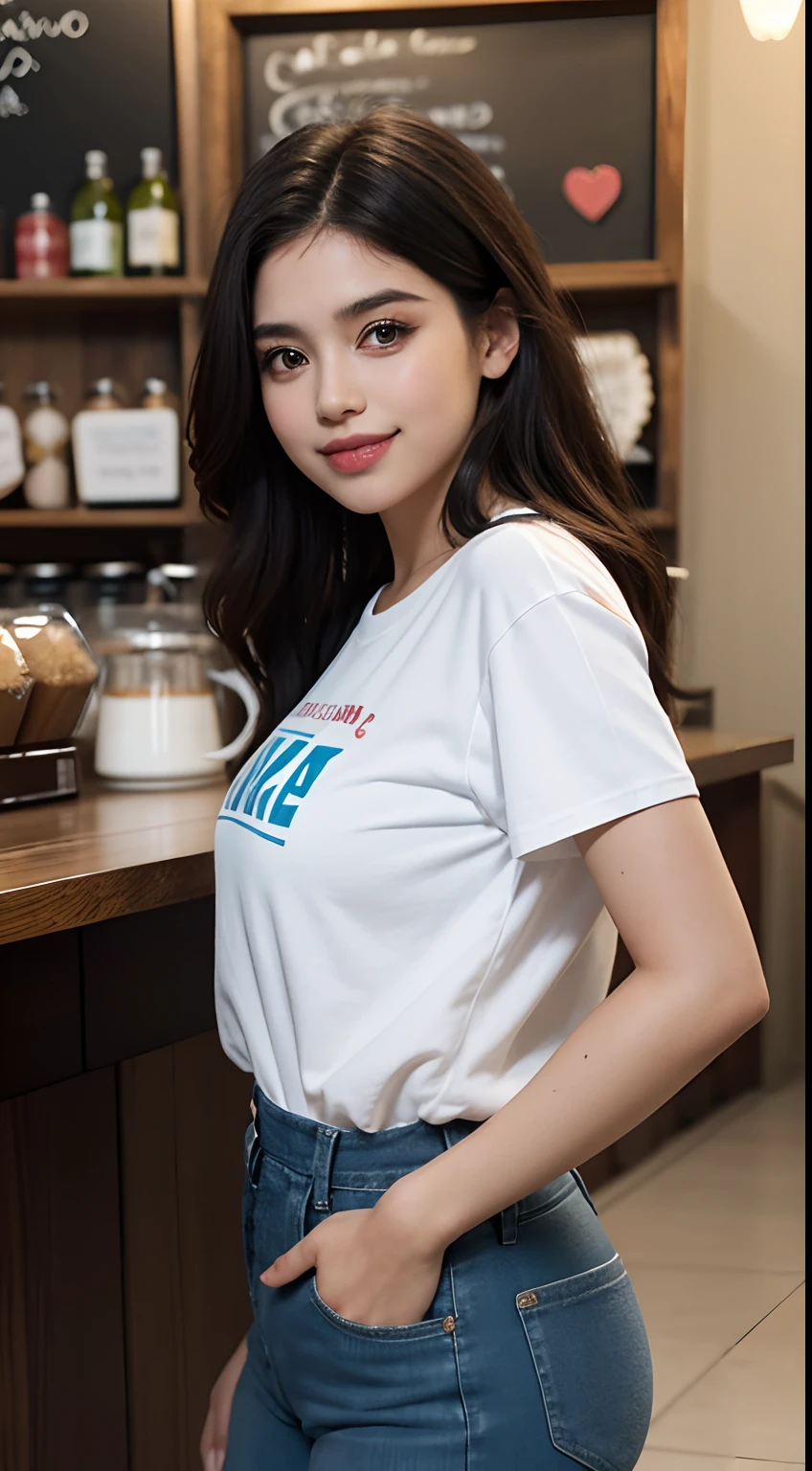 1 pretty girl,pele branca,cabelos castanhos,shorter pants,olhando para o espectador,rabos de cavalo,coffee shop,olhos castanhos,Realista,pose curva,Peito grande,Enorme teto,sorriso,peito baixo