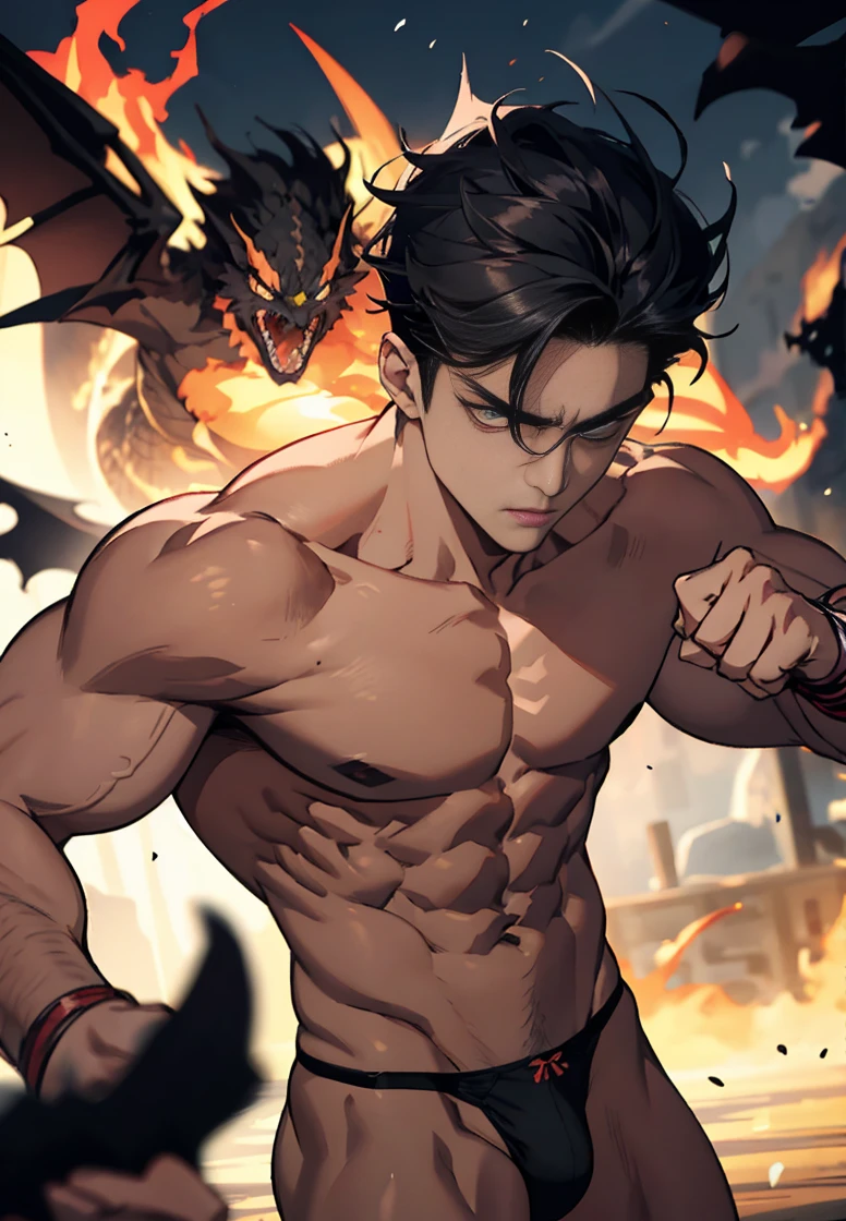 Black in the middle of the night，Accompanied by a black dragon，The dragon accompanied the boy，Evil and handsome age demon，Hot teenflesh, A meticulous face，Handsome face，18 year old young beautiful man，Handsome guy，Muscle Junior，Tall figure，Eight-pack abs，Broad pectoral muscles，Bare thighs，Only thongs，low waist thong，Sexy thongs，Men's tong，Clench your fists，The expression is fierce，The eyes are fierce，Launch an attack，fistfight，fights，Fight，Initiate a battle