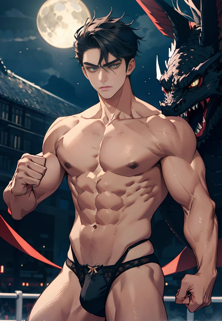 Black in the middle of the night,Accompanied by a black dragon,The dragon accompanied the boy,Evil and handsome age demon,Hot teenflesh, A meticulous face,Handsome face,18 year old young beautiful man,Handsome guy,Muscle Junior,Tall figure,Eight-pack abs,Broad pectoral muscles,Bare thighs,Only thongs,low waist thong,Sexy thongs,Men's tong,Clench your fists,The expression is fierce,The eyes are fierce,Launch an attack,fistfight,fights,Fight,Initiate a battle