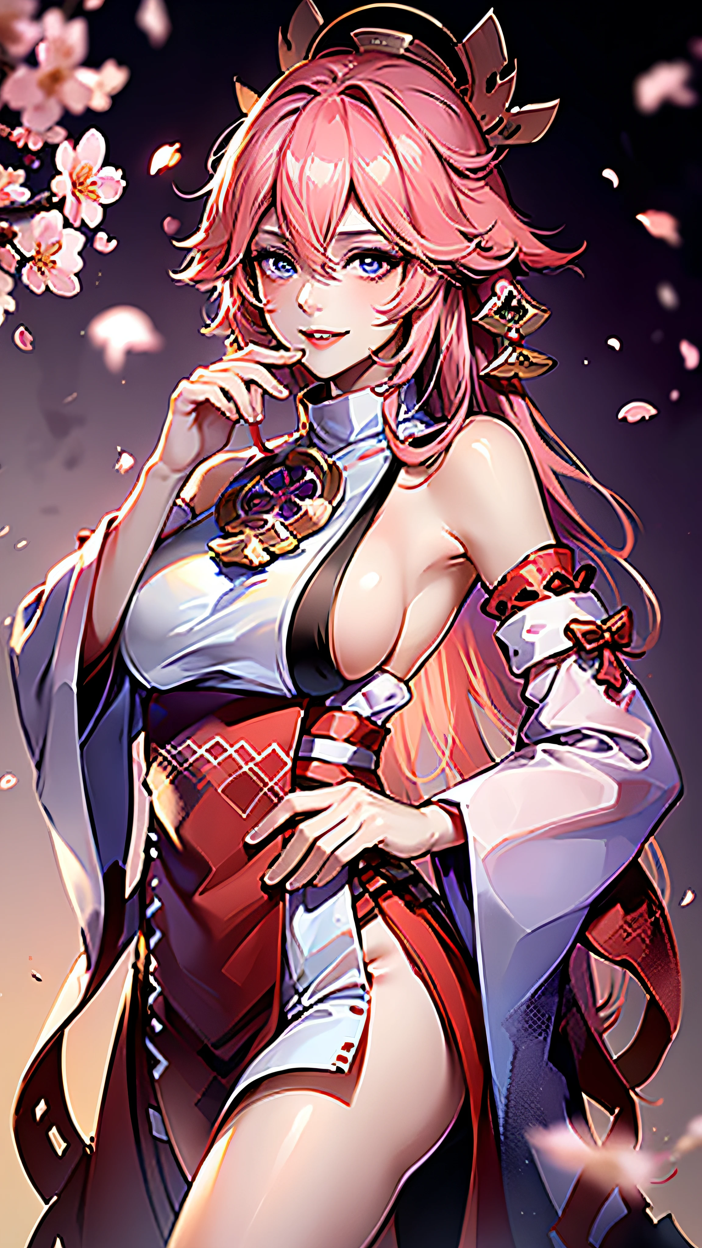 (big breast:1.2), looking ((curious)), unparalleled masterpiece, (ultra-realistic 8k RAW photos, best quality, masterpiece: 1.4), perfect artwork, best quality, super high resolution, (realistic, photorealistic photoreal: 1.4), (flicker: 1.2),nontraditional miko, shiny skin, long sleeves, smile, thick lips, east asian architecture, (blurry background:1.2), (85mm f1.8:1.1 shot with Fujifilm XF18 lens), (perfect limbs: 1.4), ultra-high resolution, (ultra-detail accomplice beautiful face: 1.3), light on face, 1 girl, smile, back hand, (cherry blossoms:1.6), split sleeves, bare shoulders, wide hips ,(side chest: 1.4), (pink long hair 1.4), purple eyes