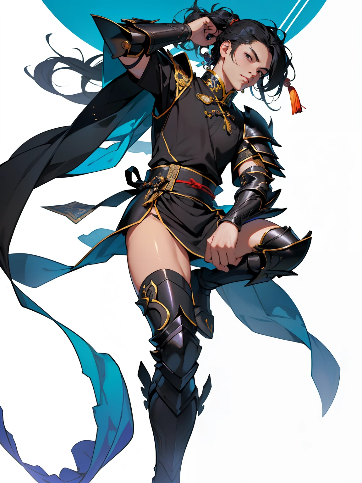 (High resolution, Pixels are perfect, luxurious illustration), (hyper quality, masutepiece, Ethereal: 1.4),(Solo:1.4), ((((From head to knee)))), ((ambiguous gender)), 年轻, length hair, Detailed black hair, Black eyes, (((chinese armor))), (Transparent background),
