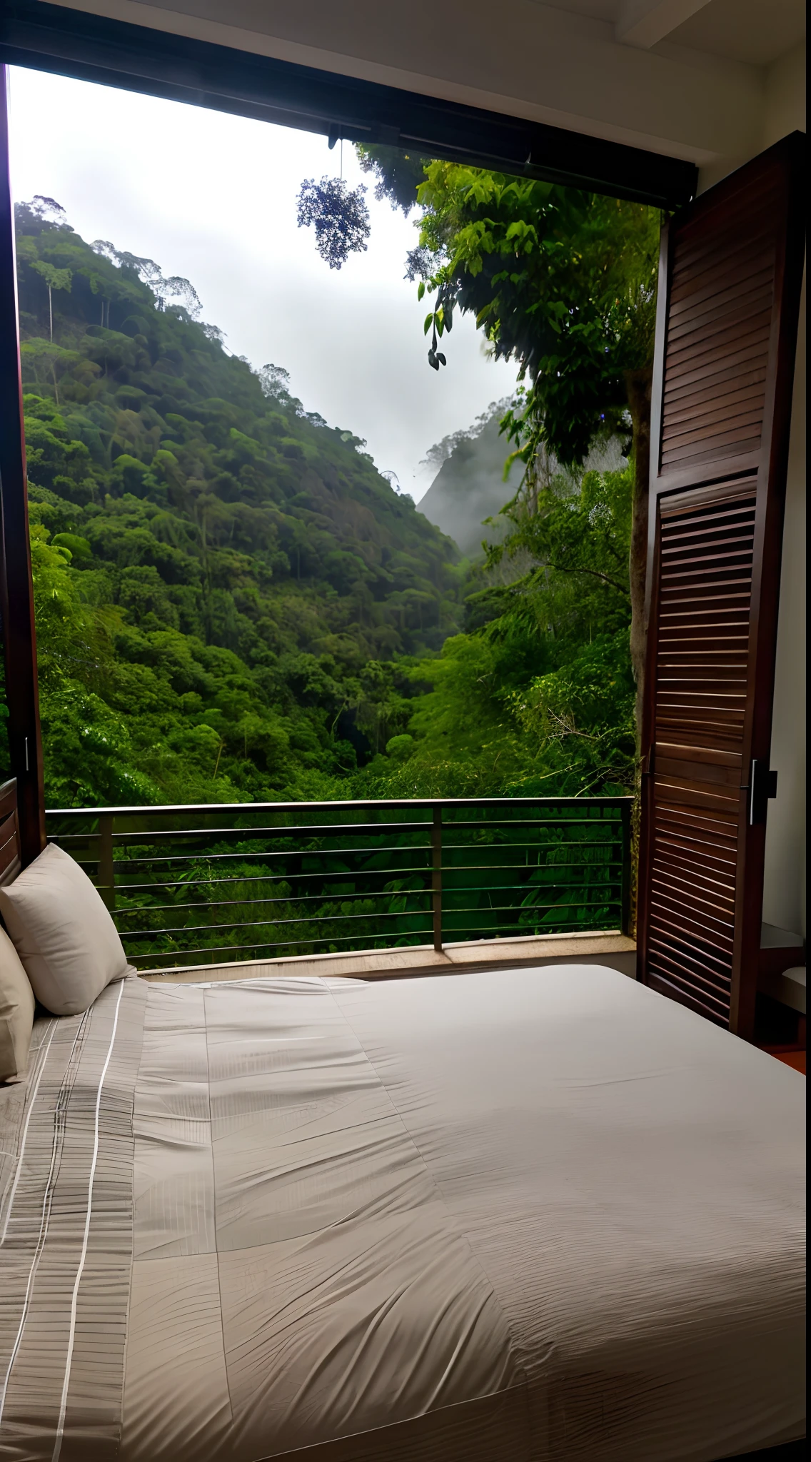 Quarto com cama vista para uma montanha e uma floresta, mountainous jungle setting, jungle setting, nublado com muita chuva