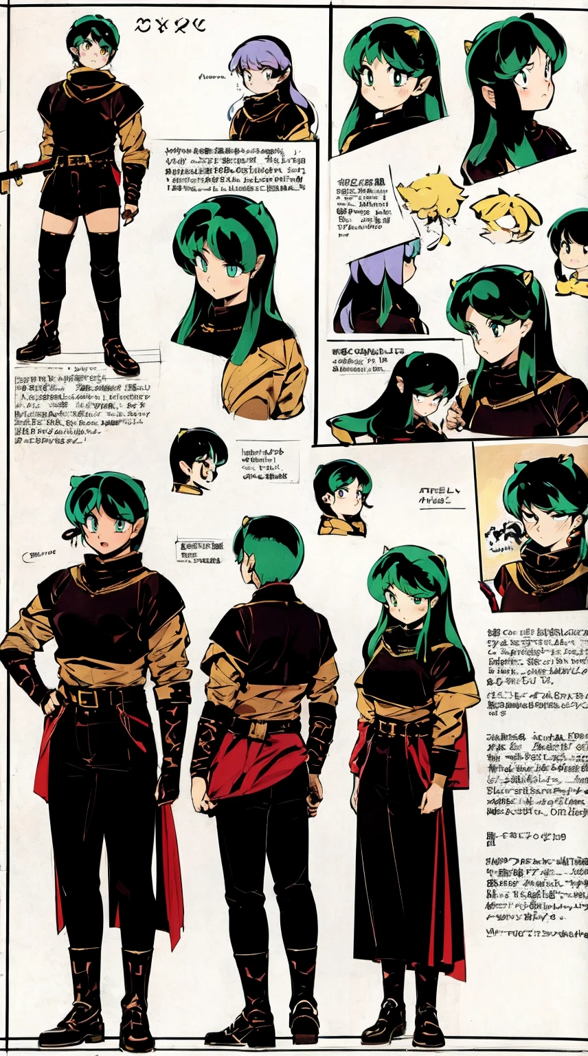 lum, , , urusei yatsura, cloak, pants, pullover, lance holding, weapon holding, standing, sharpteeth, rpg city background, refsheet, knight, warrior