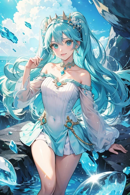 anime style; 3d; glitter; aquamarine stone goddess