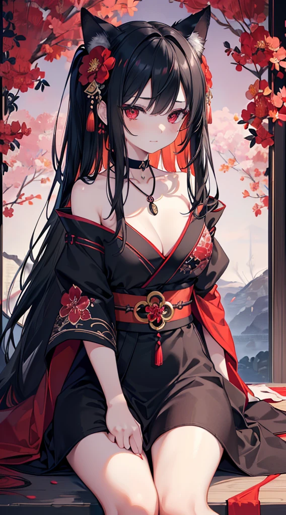 (extremely detailed CG unity 8k wallpaper), (((ultra-detailed))), ((extremely detailed)), (((best illustration))), best illumination, ((extremely delicate and beautiful)), ((an extremely delicate and beautiful girl)), colorful, red sakura trees, park, (((colorful flowers))), ((1 girl, solo)), {{finely detailed beautiful eyes and detailed face}}, sad expression, melancholic smile, long hair, (((black hair))), red eyes, beautiful detailed eyes, mature female, gentle, slender, medium breast, black red fox ears, (black red fox tail), (((intricate details))), (Black and red knee-length kimono dress), medium height black boots, ((black choker with red pendent)), lycoris flower birthmark on neck, sitting, bishoujo, 19_years_old,