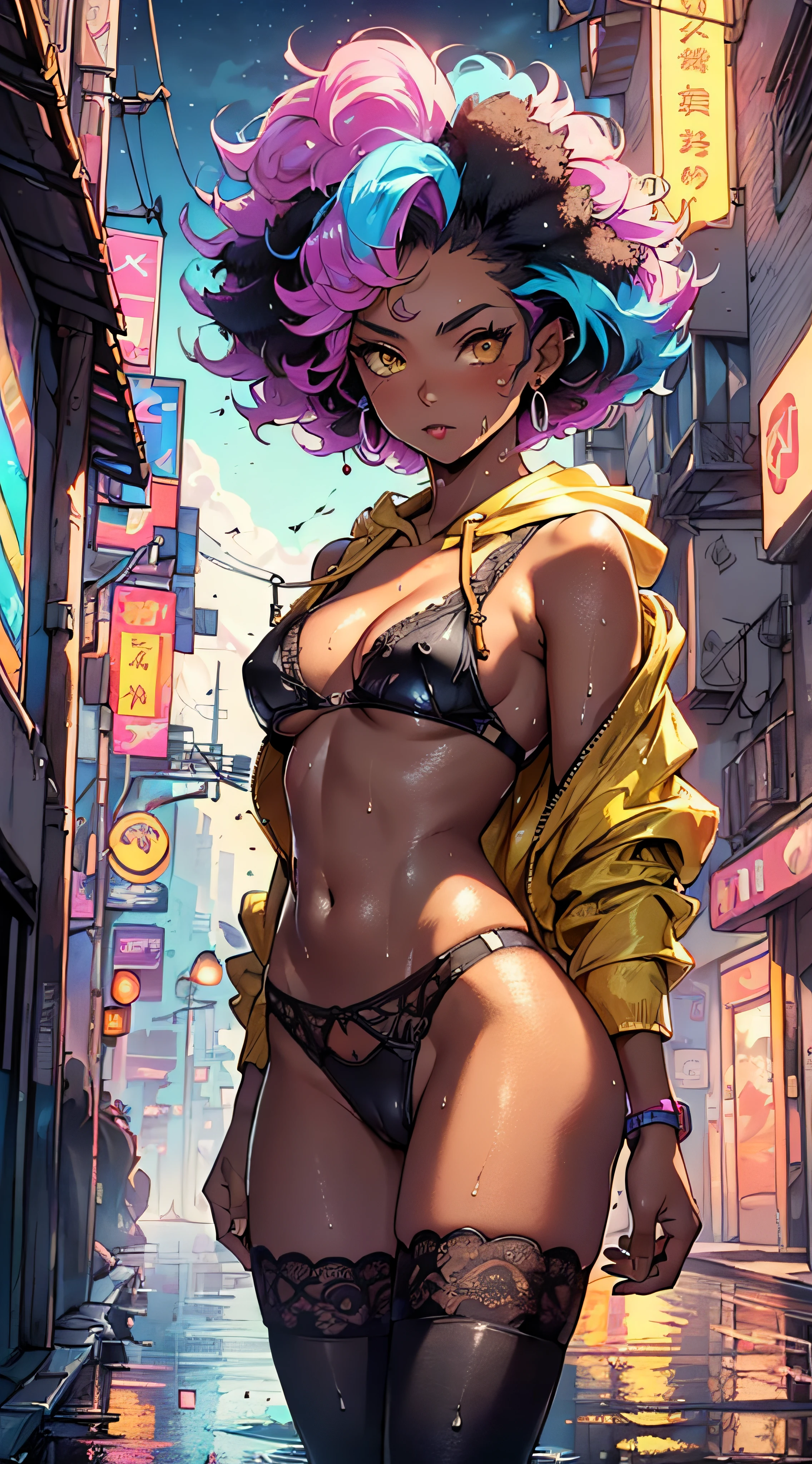 girl spacepunk,(((1girl))),((beautiful girl with cute cat ears)),

(small breasts, small boobs, small tits:1.4),perky breasts((afro hair:1.35)),afrohair,afro:1.35,dark hair,black hair,)))),medium hair,(((yellow_eyes:1.3))),intricate eyes,beautiful detailed eyes,symmetrical eyes,((fat)),((((tan,dark skin,black skin:1.35,dark-skinned_female,dark skin:1.3,ebony skin,lustrous skin:1.5,bright skin: ,shiny skin,very shiny skin,shiny body,plastic glitter skin,exaggerated shiny skin,illuminated skin,wet legs))),(spider lower abdomen,narrow waist,wide hip,athletic body,inflated legs,detailed body,(detailed face)),

cute,slutty,seductive,erotic,(((nsfw))),

zettai ryouiki,revealing clothing,show skin,((((underboob)))),((cleavage)),(semi-naked,with little clothing,((tiny thong, armor thong intricate)),large sport socks,visible thong straps,no bra),((((crop top hoodie,cropped hoodie,hoodie,hoodie intricate)))),(((wet clothes,intricate outfit,intricate clothes))),

(dynamic pose:1.0),solo focus,embarrassed,(centered,scale to fit dimensions,Rule of thirds), pose focus on butt, focus on waist

cyberpunk city by the ocean at night, with bright neon signs and dark stormy clouds and puddles, scenery:1.25,nighttime, starry night, cosmos,

artistic photography,(photography taken by sldr),highres, sharp focus, (ultra detailed, extremely detailed), (photorealistic artwork:1.37),(extremely detailed CG unity 8k wallpaper),((synthwave background theme)),(((vibrant colors))),(intricate background),(masterpiece),(best quality),