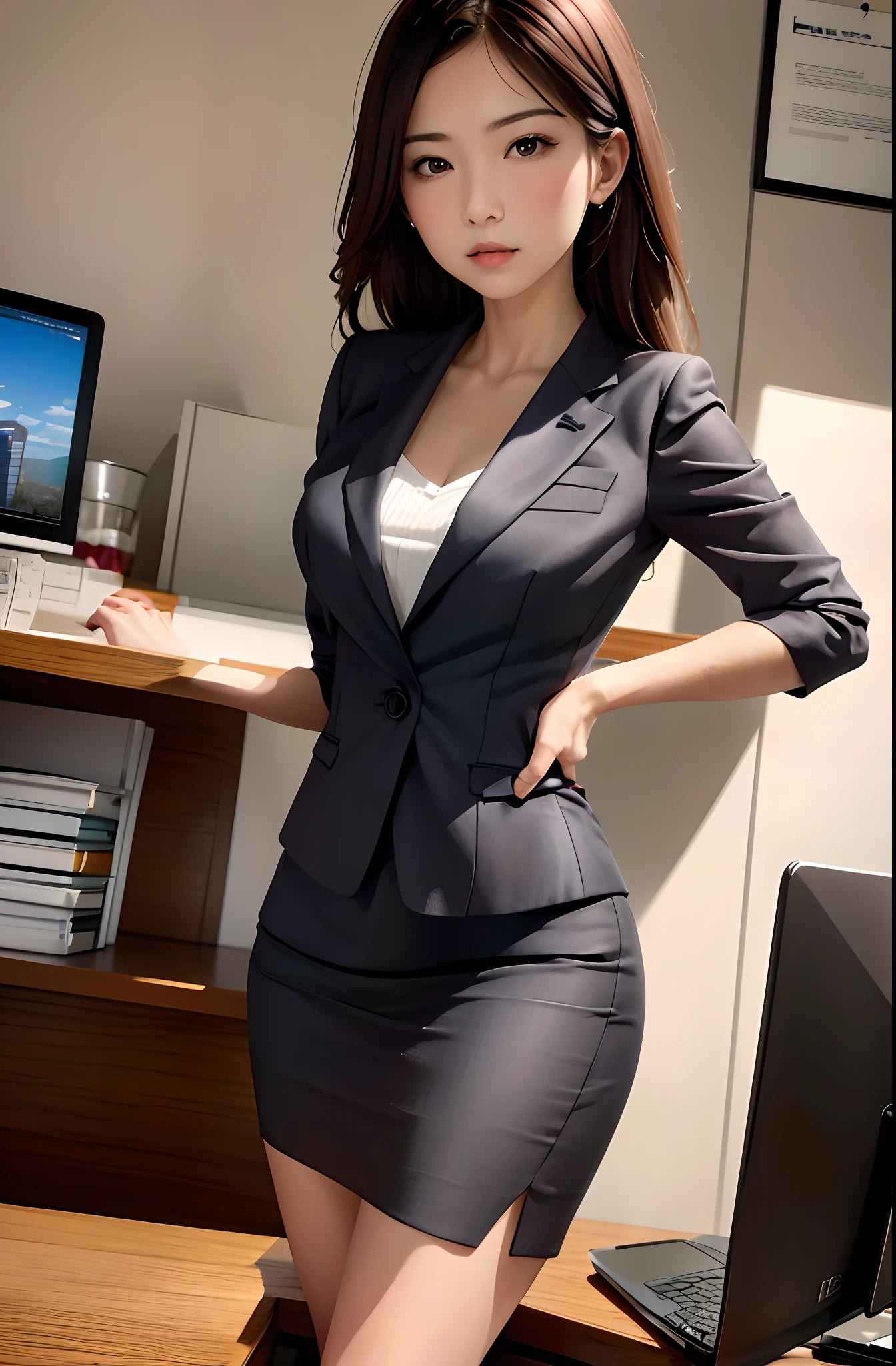 1girl,solo, parted lips, office lady, business suit ,
river,mountain, hand on arm , looking at viewer,