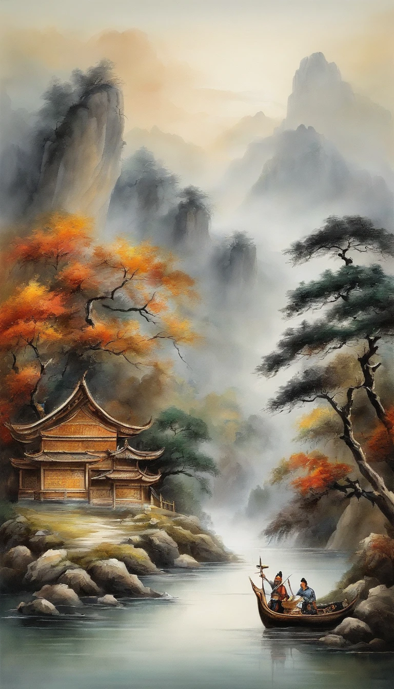 In Chinese landscape painting、Use ink and watercolor styles、We produce it by adding ink to the screen、Depicts detailed landscapes from a distance to an ultra-wide angle.。A light boat floats in the distance、Meticulous attention to detail is tarnished、Beautifully depicted in low saturation and low contrast tones。The light boat crosses the Ten Thousand Mountains、It was made as a masterpiece，With beautiful detail and accuracy。This work is T's masterpiece、"Amaterasu"It will also produce the following elements。