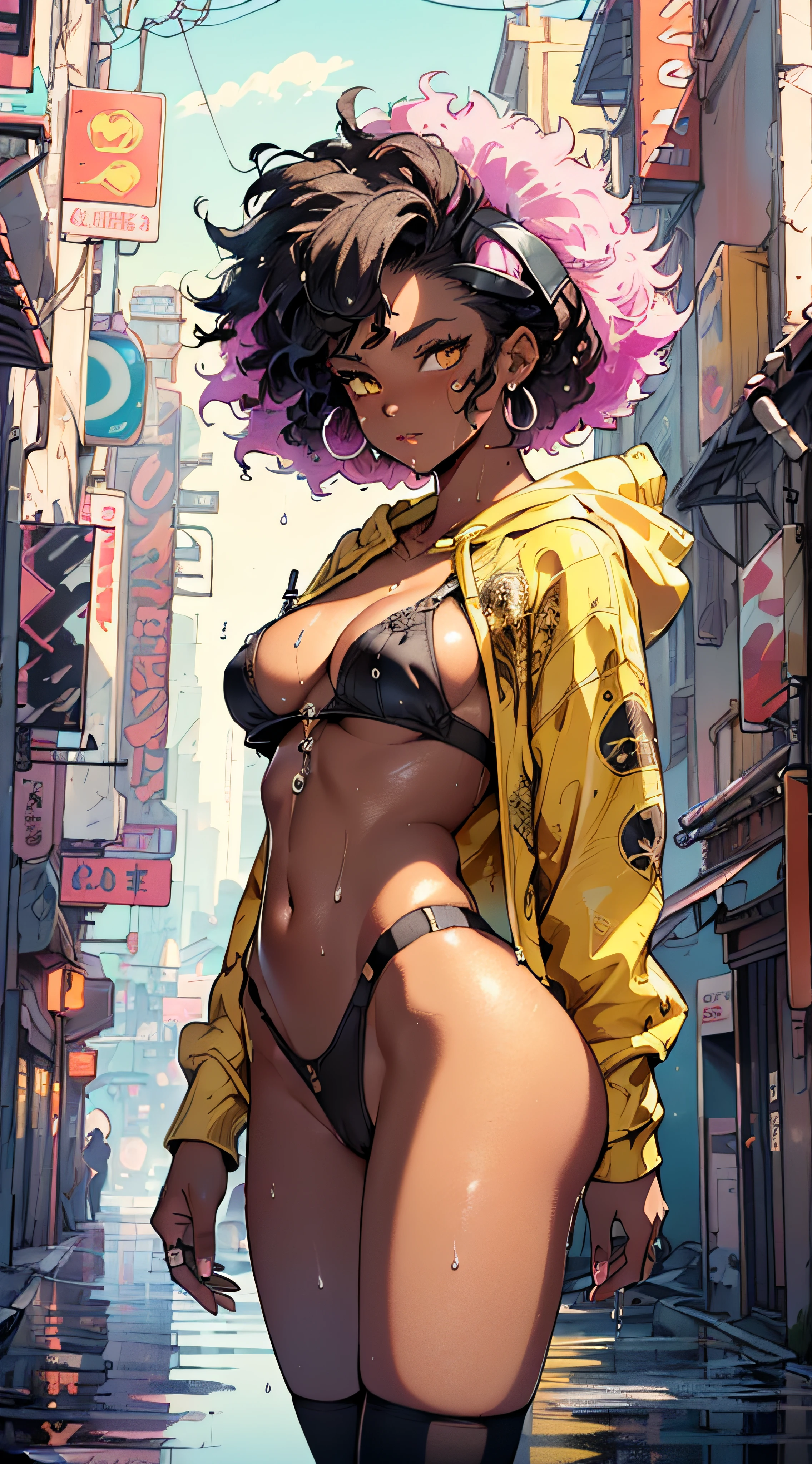 girl spacepunk,(((1girl))),((beautiful girl with cute cat ears)),

(small breasts, small boobs, small tits:1.4),perky breasts((afro hair:1.35)),afrohair,afro:1.35,dark hair,black hair,)))),medium hair,(((yellow_eyes:1.3))),intricate eyes,beautiful detailed eyes,symmetrical eyes,((fat)),((((tan,dark skin,black skin:1.35,dark-skinned_female,dark skin:1.3,ebony skin,lustrous skin:1.5,bright skin: ,shiny skin,very shiny skin,shiny body,plastic glitter skin,exaggerated shiny skin,illuminated skin,wet legs))),(spider lower abdomen,narrow waist,wide hip,athletic body,inflated legs,detailed body,(detailed face)),

cute,slutty,seductive,erotic,(((nsfw))),

zettai ryouiki,revealing clothing,show skin,((((underboob)))),((cleavage)),(semi-naked,with little clothing,((tiny thong, armor thong intricate)),large sport socks,visible thong straps,no bra),((((crop top hoodie,cropped hoodie,hoodie,hoodie intricate)))),(((wet clothes,intricate outfit,intricate clothes))),

(dynamic pose:1.0),solo focus,embarrassed,(centered,scale to fit dimensions,Rule of thirds), pose focus on butt, focus on waist

cyberpunk city by the ocean at night, with bright neon signs and dark stormy clouds and puddles, scenery:1.25,nighttime, starry night, cosmos,

artistic photography,(photography taken by sldr),highres, sharp focus, (ultra detailed, extremely detailed), (photorealistic artwork:1.37),(extremely detailed CG unity 8k wallpaper),((synthwave background theme)),(((vibrant colors))),(intricate background),(masterpiece),(best quality),