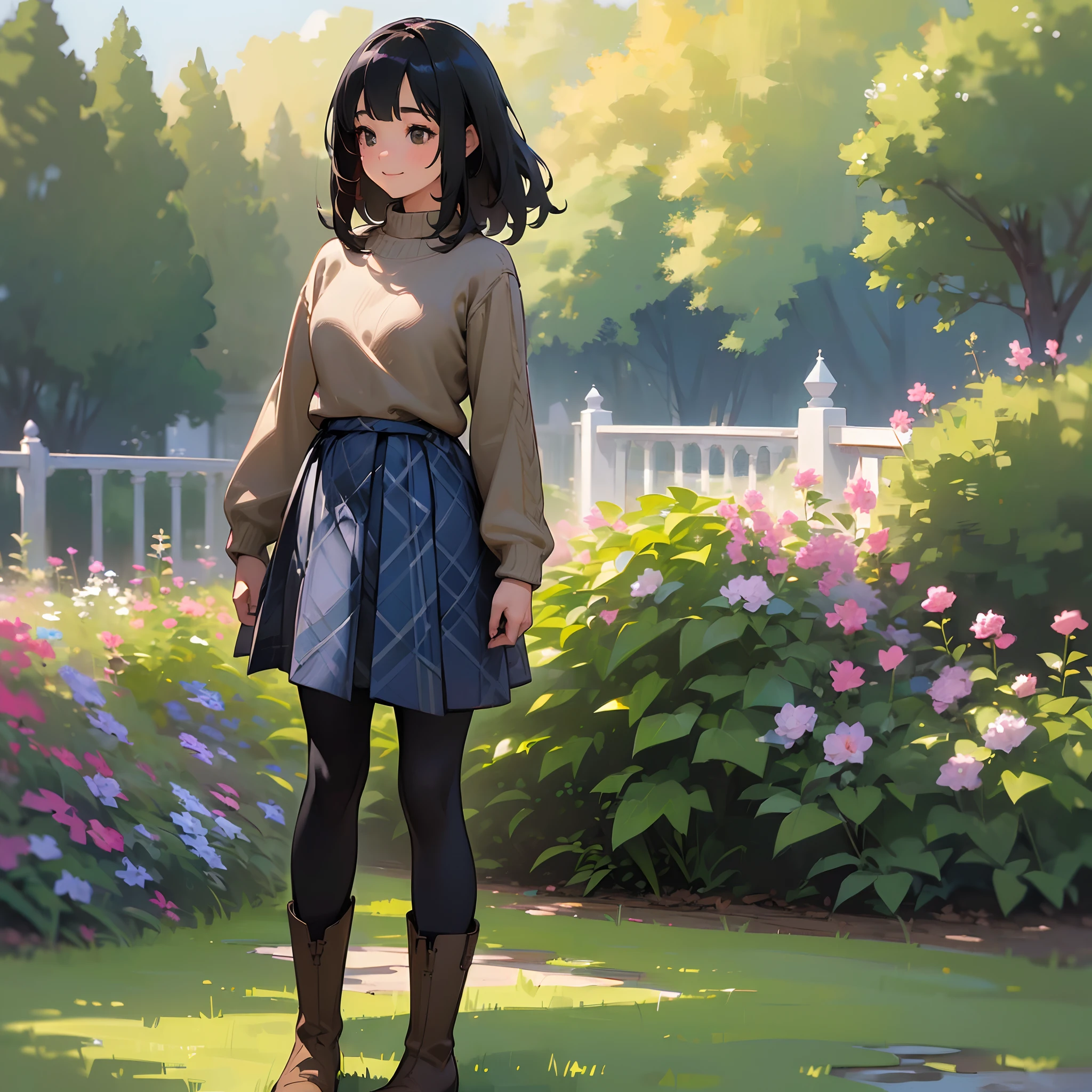 (High quality, High resolution, Ultra-detailed, Realistic:1.37), peaceful ambiance, (plein air, garden), Teenage girl standing alone, Beautiful detailed features, Cute smile, (Black bob hair), Rib Sweater, blue plaid skirt, Black tights, Brown boots.