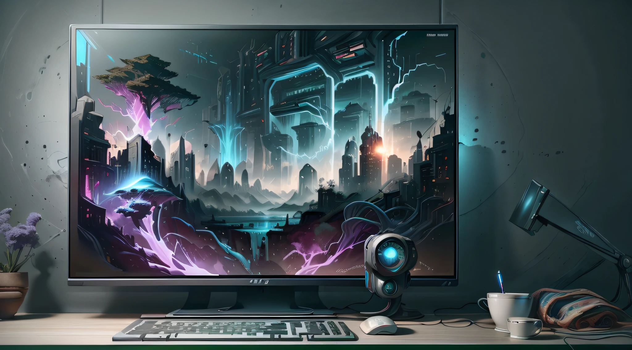 Gamer PC, RGB, gpu, cupboard, Display with landscape wallpapers, keyboards, Full setup, Efeito de Luz, moderno, Technological, Ultra-realistic self-portrait, 8K UHD, Digital SLR, Film Particle, Realistic painting Fujifilm XT3 art halfway,