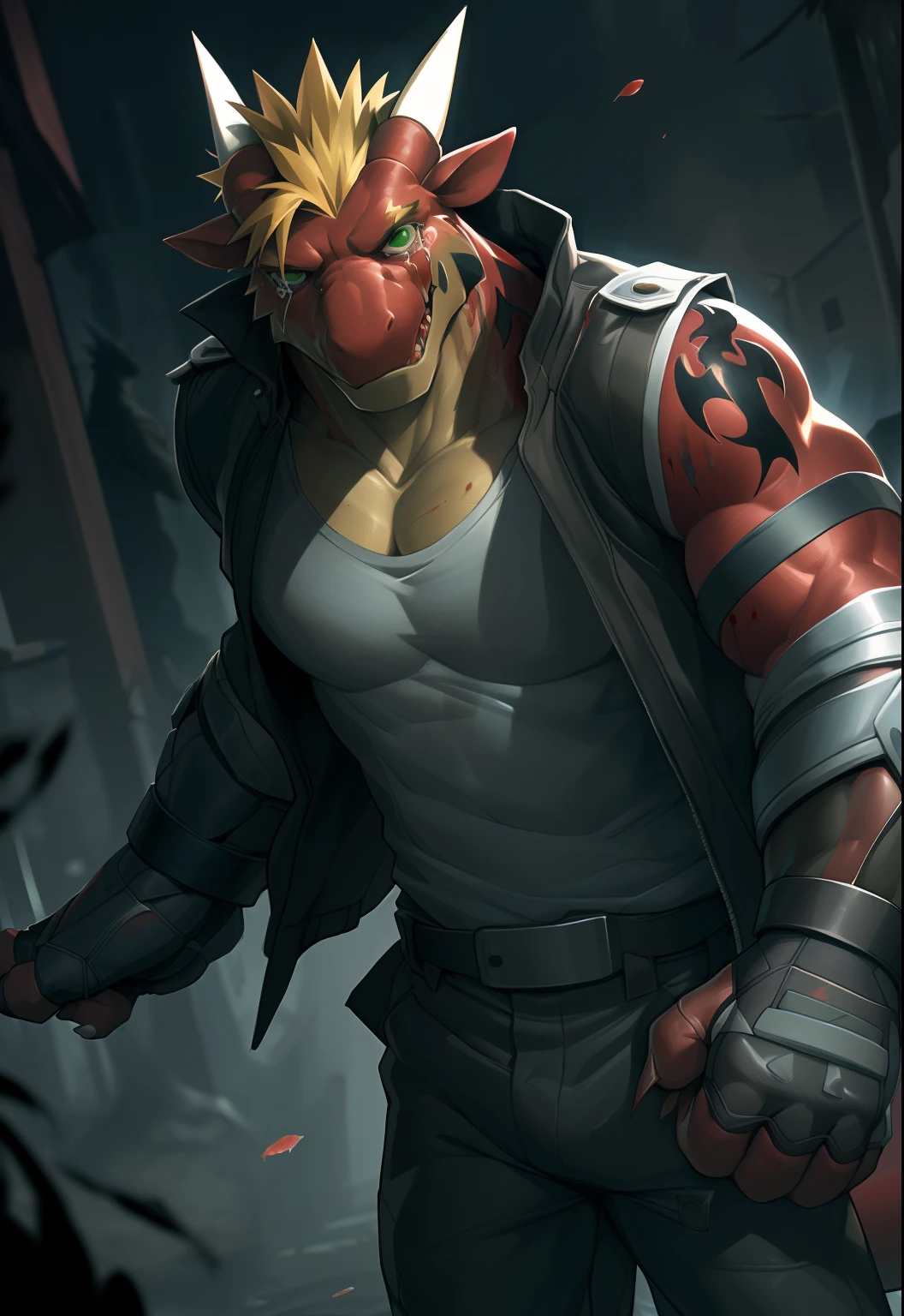 anthro, solo, delga, dragon, clothing, male, topwear, muscular, muscular anthro, jacket, shirt, fingerless gloves, green eyes, muscular male, red body, looking at viewer, hi res, bottomwear, tatoo, white vest, blonde hair, blood, violence, bleeding, guts, guro, gore, deep cut, scared, tears, background, photorealistic, realistic hands, 8k hd, extreme detail, (dark shadows, wide dynamic range, hdr, low light:1.2), by canyne khai,by milkytiger1145,by takemoto arashi,by null-ghost