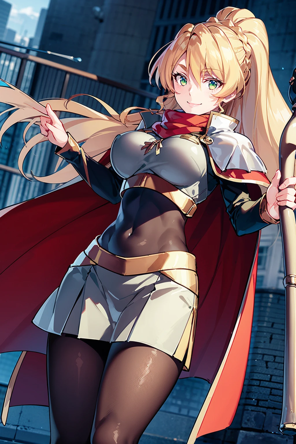 skirt vest, pantyhose, ponytail, long hair, blond hair, knight, medium breast,alicetaria february, green eyes,,smile, staff holding, cape, scarf, thick eyelashes,, castle background,fantasy,