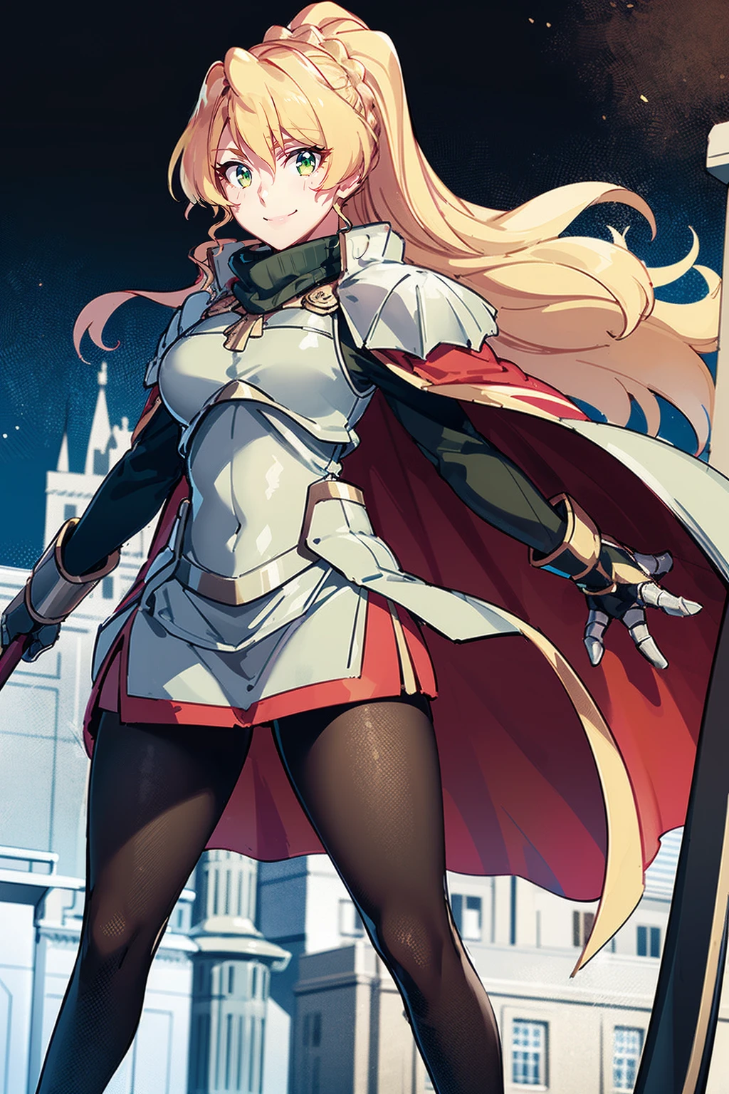 skirt vest, pantyhose, ponytail, long hair, blond hair, knight, medium breast,alicetaria february, green eyes,,smile, staff holding, cape, scarf, thick eyelashes,, castle background,fantasy,