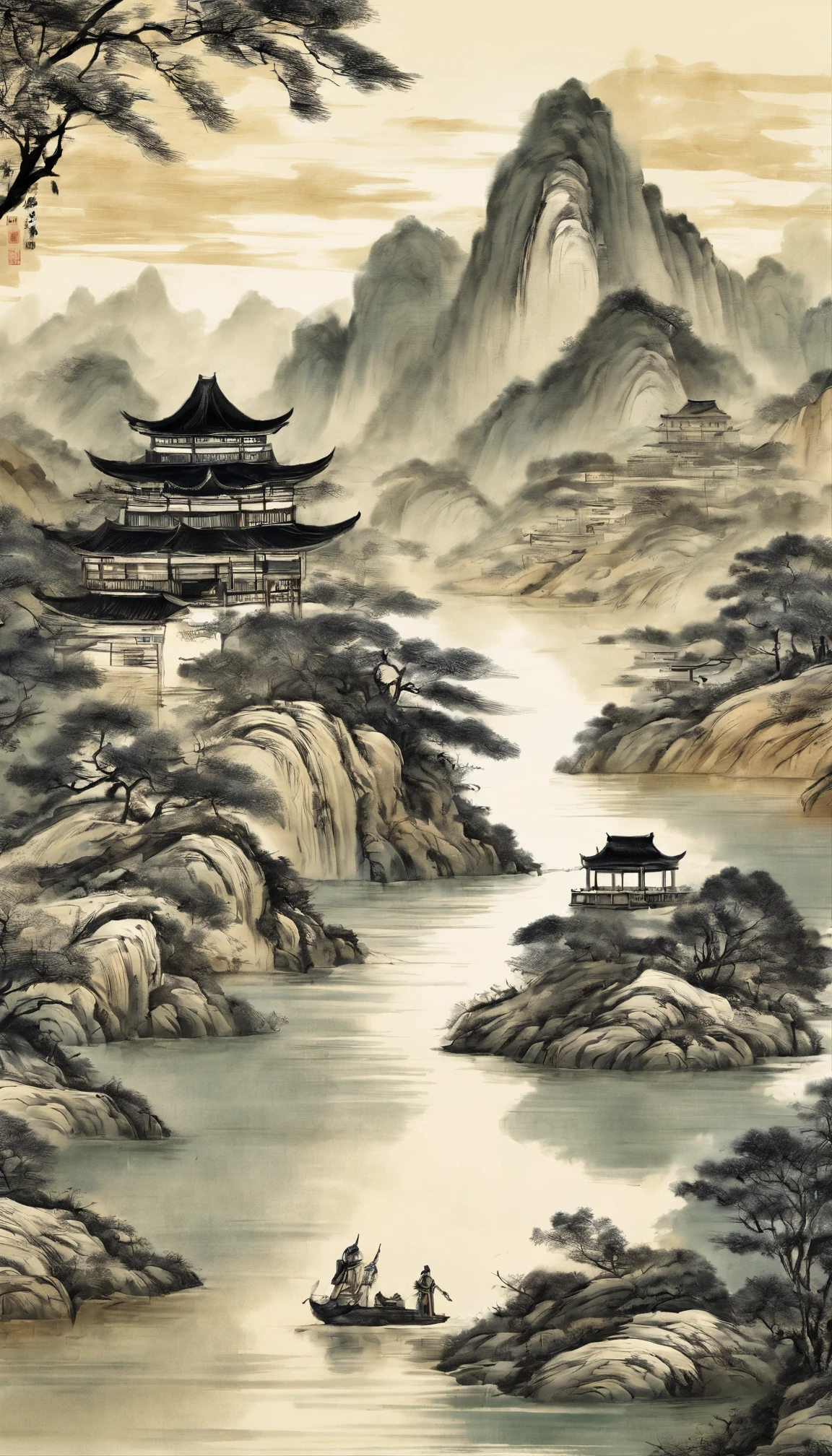 A mountain painting with a river and a village, Chinese painting style, inspired by Huang Binhong, Traditional Chinese Ink Painting, Chinese ink painting, Traditional Chinese painting, Traditional Chinese art, inspired by Zhang Shunzi, Chinese landscape, China ink painting, Chinese painting, inspired by Wang Shishen, Inspired by Zhang Daqian, the top is printed with a gold-plated calligraphy font