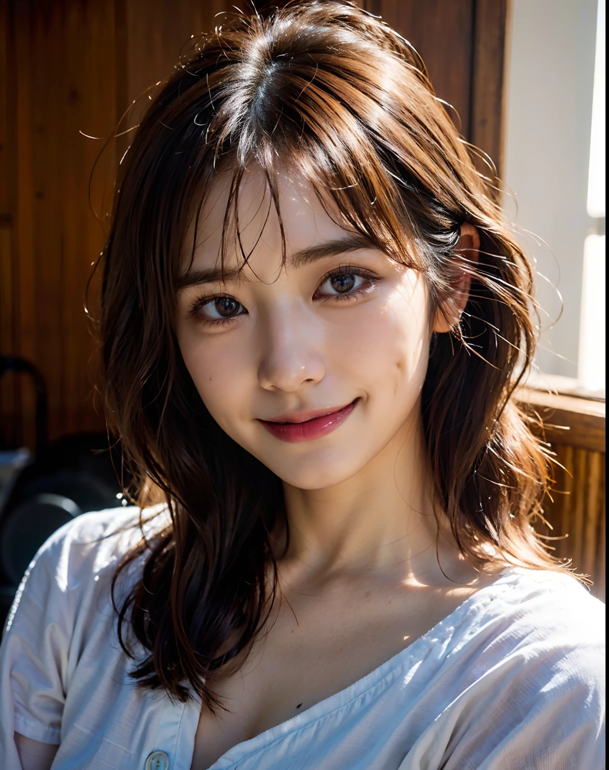 Young japanese lady, 30s, White background, It features a simple背景, white-brown hair, slender, 4K, in 8K, High quality, Beauty, Beautiful eyes, It features a simple, High resolution,1 person,Beautiful skins,Beautiful skin,a smile