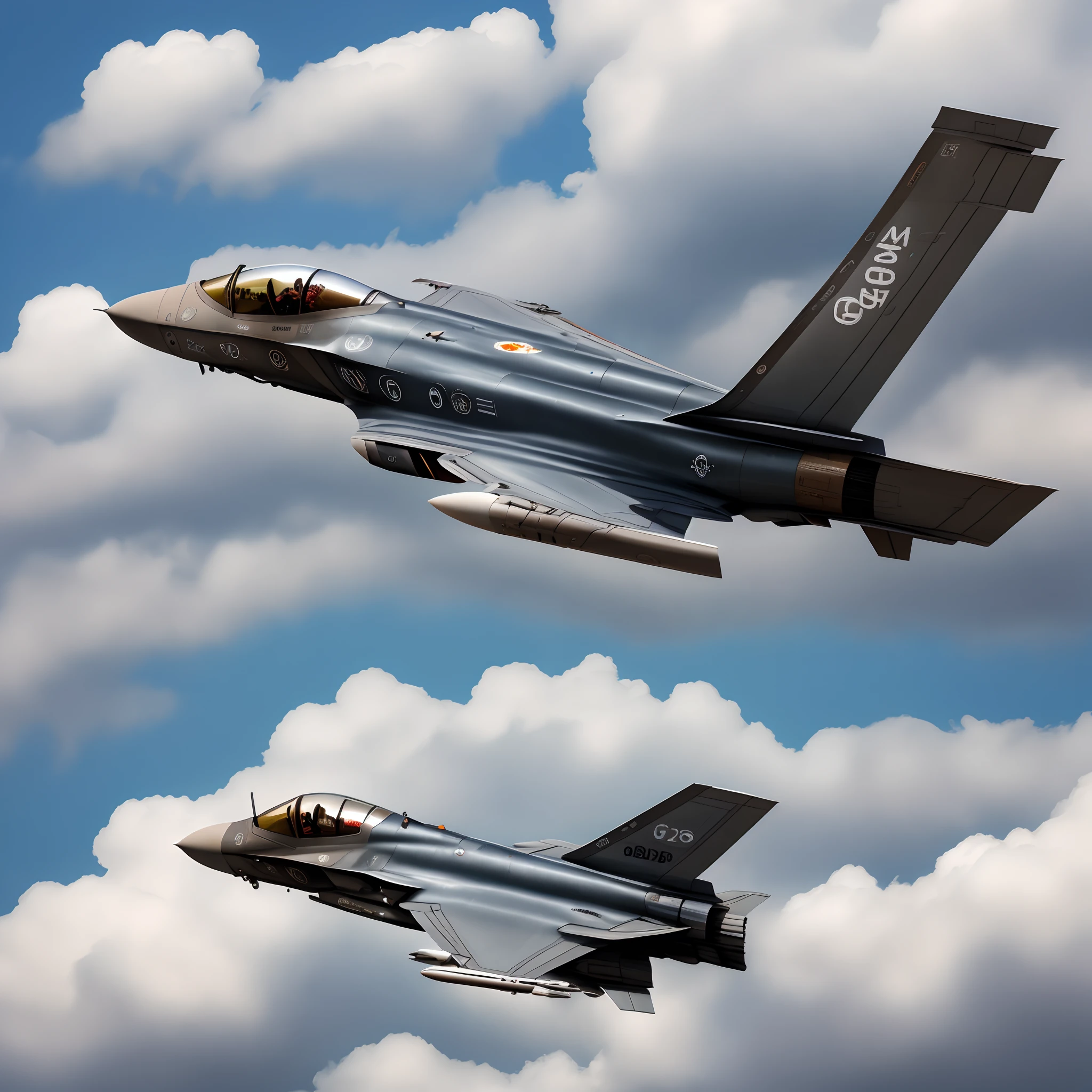 F 35 soaring upward 
In a partly cloudy sky