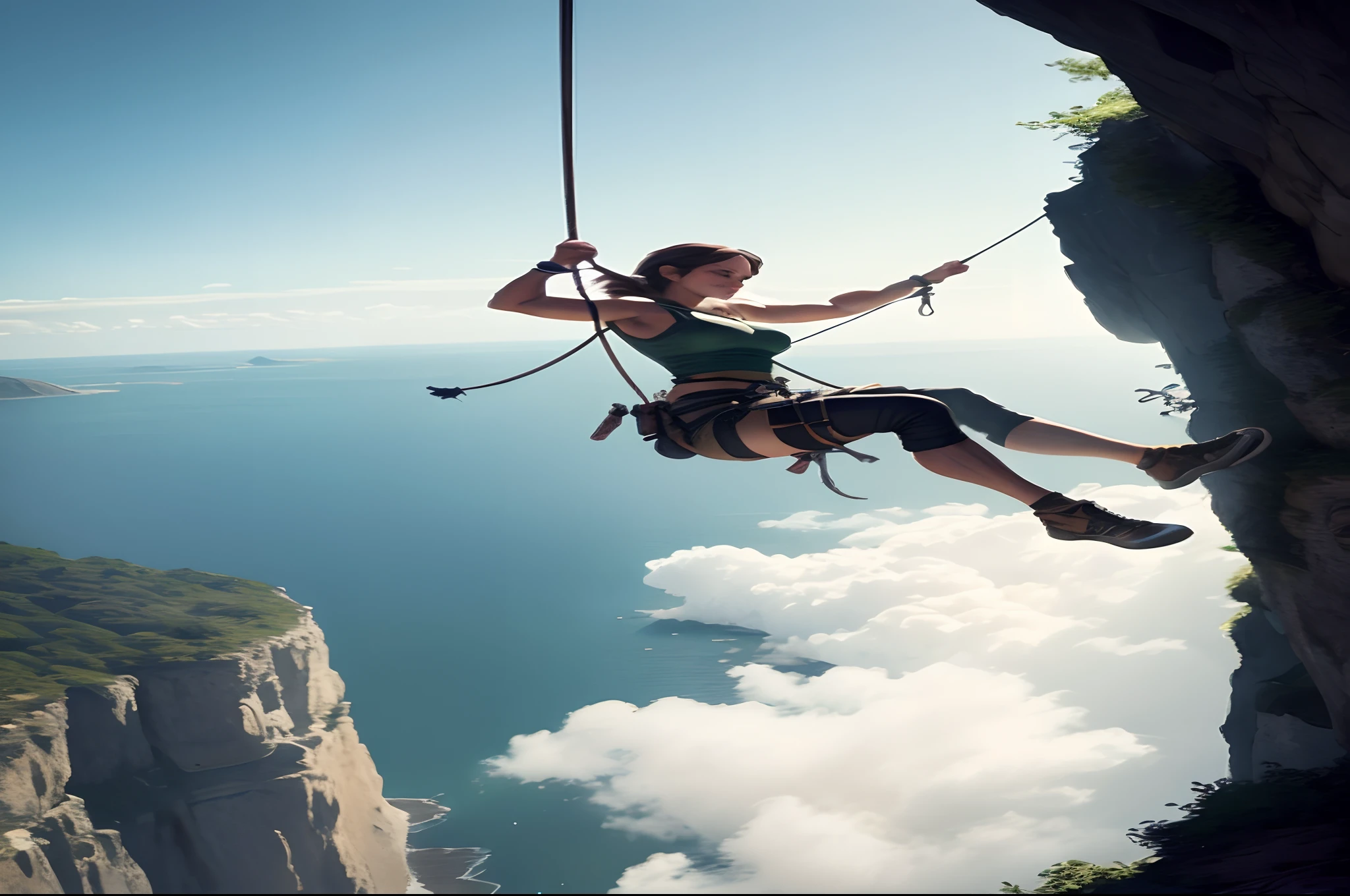 A girl walking along a rope stretched between cliffs,Completely naked