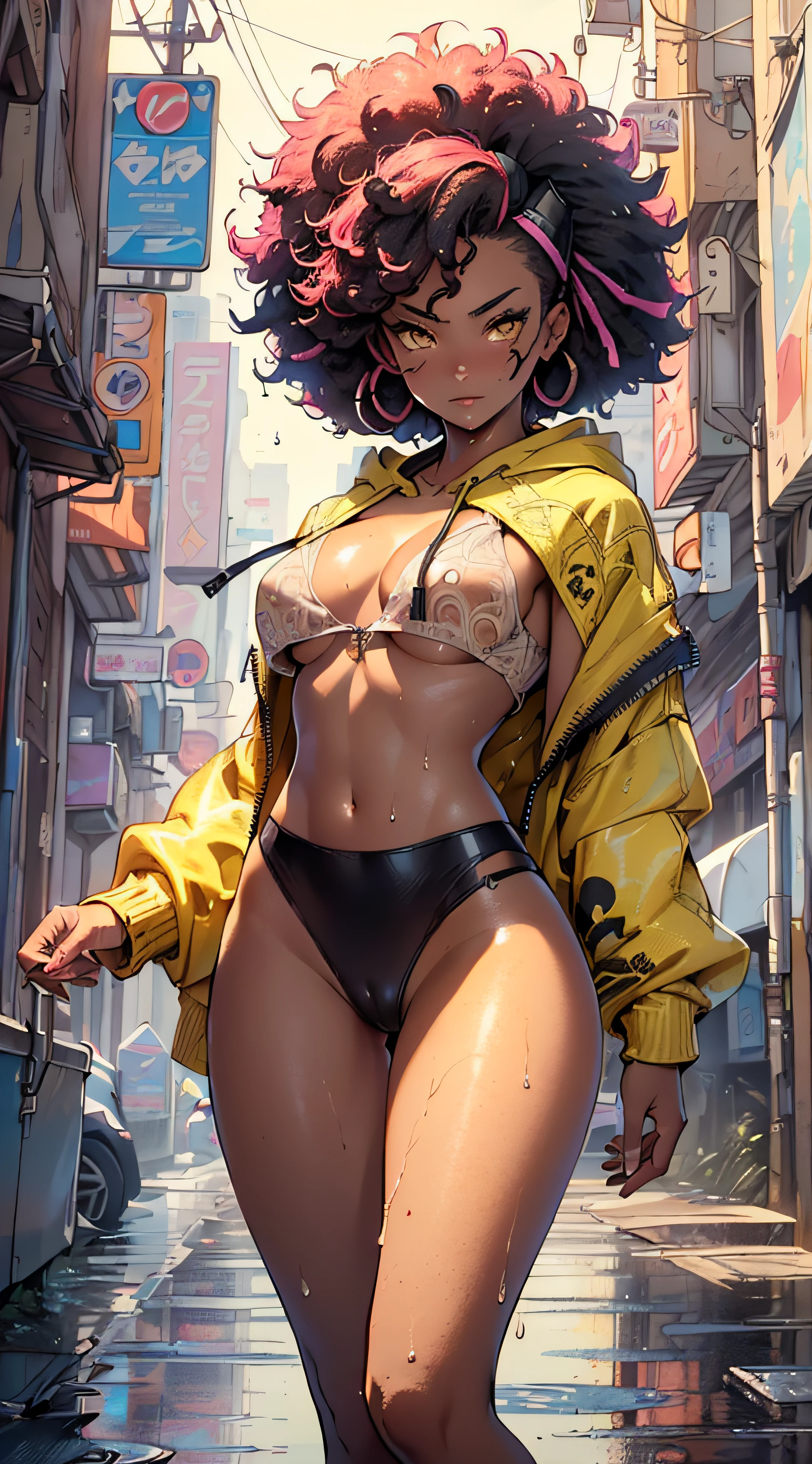 girl spacepunk,(((1girl))),((beautiful girl with cute cat ears)),
(small breasts, small boobs, small tits:1.4),perky breasts((afro hair:1.35)),afrohair,afro:1.35,dark hair,black hair,)))),medium hair,(((yellow_eyes:1.3))),intricate eyes,beautiful detailed eyes,symmetrical eyes,((fat)),((((tan,dark skin,black skin:1.35,dark-skinned_female,dark skin:1.3,ebony skin,lustrous skin:1.5,bright skin: ,shiny skin,very shiny skin,shiny body,plastic glitter skin,exaggerated shiny skin,illuminated skin,wet legs))),(spider lower abdomen,narrow waist,wide hip,athletic body,inflated legs,detailed body,(detailed face)),
cute,slutty,seductive,erotic,(((nsfw))),
zettai ryouiki,revealing clothing,show skin,((((underboob)))),((cleavage)),(semi-naked,with little clothing,((tiny thong, armor thong intricate)),large sport socks,visible thong straps,no bra),((((crop top hoodie,cropped hoodie,hoodie,hoodie intricate)))),(((wet clothes,intricate outfit,intricate clothes))),
(dynamic pose:1.0),solo focus,embarrassed,(centered,scale to fit dimensions,Rule of thirds), pose focus on butt, focus on waist
cyberpunk city by the ocean at night, with bright neon signs and dark stormy clouds and puddles, scenery:1.25,nighttime, starry night, cosmos,
artistic photography,(photography taken by sldr),highres, sharp focus, (ultra detailed, extremely detailed), (photorealistic artwork:1.37),(extremely detailed CG unity 8k wallpaper),((synthwave background theme)),(((vibrant colors))),(intricate background),(masterpiece),(best quality),
