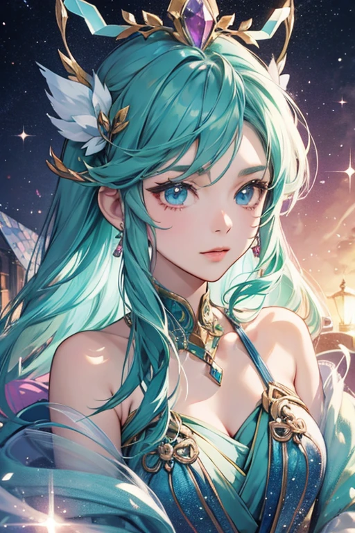 anime style; 3d; glitter; fluorite stone goddess