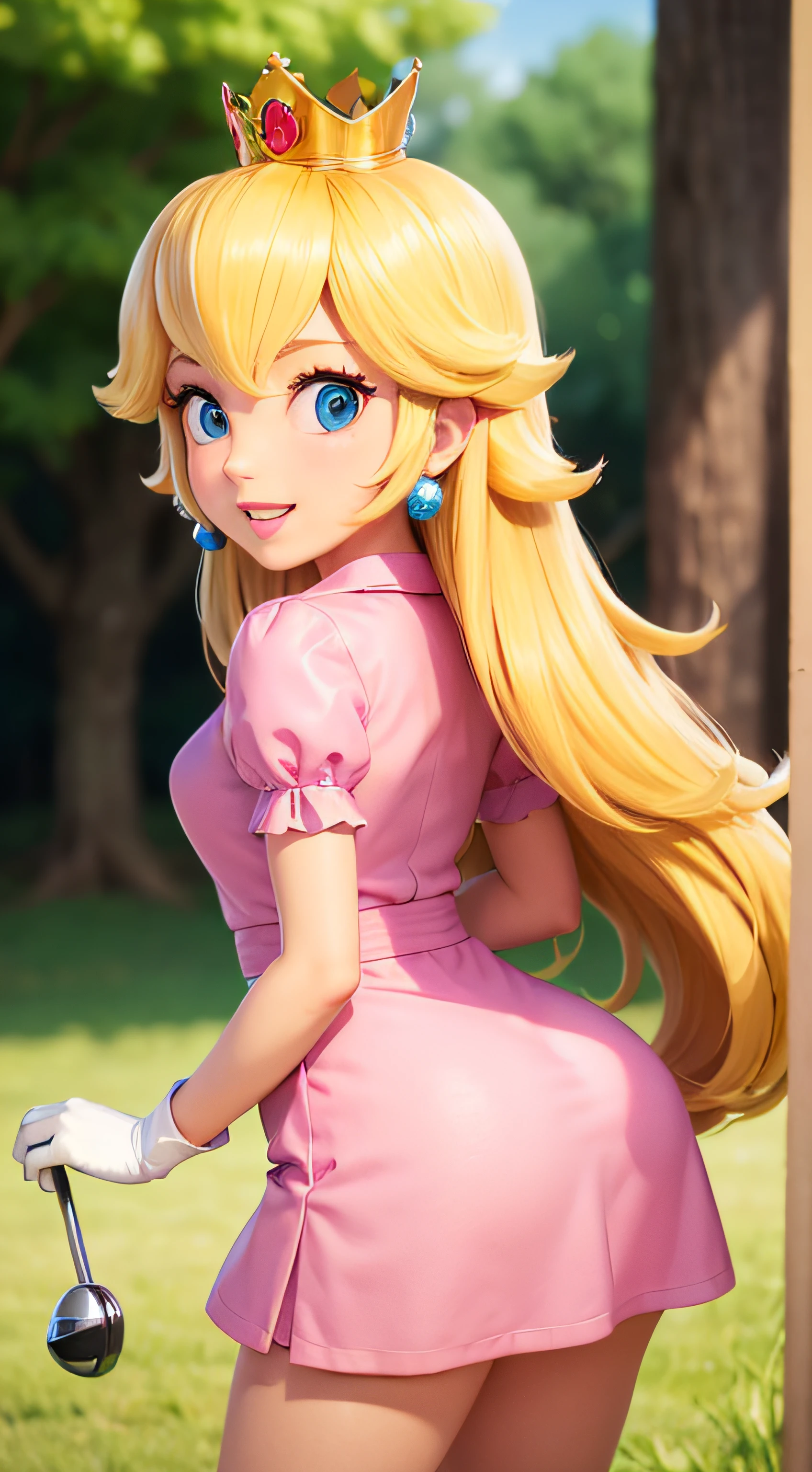 (Outdoors with beautiful greenery,) A little princess Peach wearing a gorgeous pink polo shirt along with a short white skirt, Ella es gentil y compasiva y se muestra sonriendo suavemente., He is over 6 feet tall and wears a golden crown over his blonde hair and white golf gloves. Con un enfoque en su gran pecho seductor, ( pecho grande), Ella es representada en un primer plano desde abajo, peach shape butt. in back pose, show her booty, mini pink dress