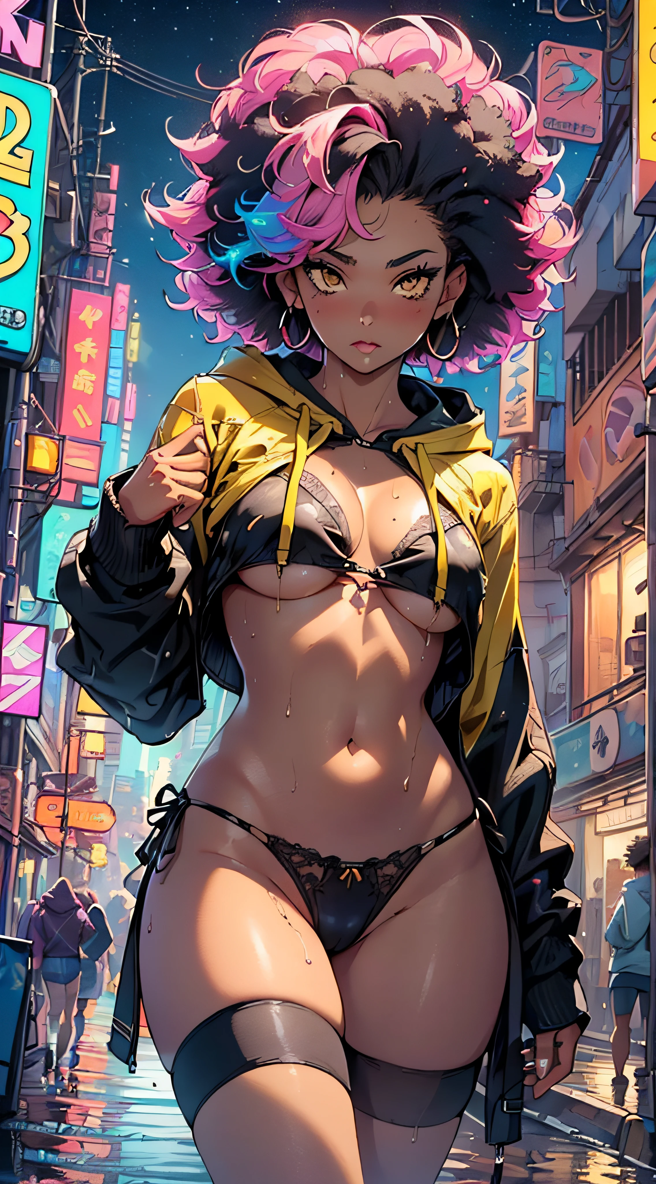 girl spacepunk,(((1girl))),((beautiful girl with cute cat ears)),
(small , small boobs, tits:1.4),pebreasts((afro ha)),afrohair,afro:1.35,dark hair,black hair,)))),medium hair,(((yellow_eyes:1.3))),intricate eyes,beautiful detailed eyes,symmetrical eyes,((fat)),((((tan,dark skin,black skin:1.35,dark-skinned_female,dark skin:1.3,ebony skin,lustrous skin:1.5,brighin: ,shiny skin,very shiny skin,shiny body,plastic glitter skin,exaggerated shiny skin,illuminated skin,wet legs))),(spider lower abdomen,narrow waist,wide hip,athletic body,inflated legs,detailed body,(detailed face)),
cute,slutty,seductive,erotic,(((),
zettai ryouikaling clot,show skin,((((underboob)))),((cleavage)),(semi-naked,with little clothingthong, armor thonricate)),large sport socks,visible thong straps,no bra),((((crop top hoodie,cropped hoodie,hoodie,hoodie intricate)))),(((wet clothes,intricate outfit,intricate clothes))),
(dynamic pose:1.0),solo focus,embarrassed,(centered,scale to fit dimensions,Rule of thirds), pose focus on butt, focus on waist
cyberpunk city by the ocean at nigwith bright neon signs and dark stormy clouds and puds, scenery:1.25,nighttime, starry night, cosmos,
artistic photography,(photogry taken by sldr),hres, sharp focus, (ultra detailed, extremely detailed), (photorealistic artwork:1.37),(extremely detailed CG unity 8k wallpaper),((synthwave background theme)),(((vibrant colors))),(intricate background),(masterpiece),(best quality),