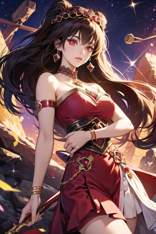 anime style; 3d; glitter; garnet stone goddess