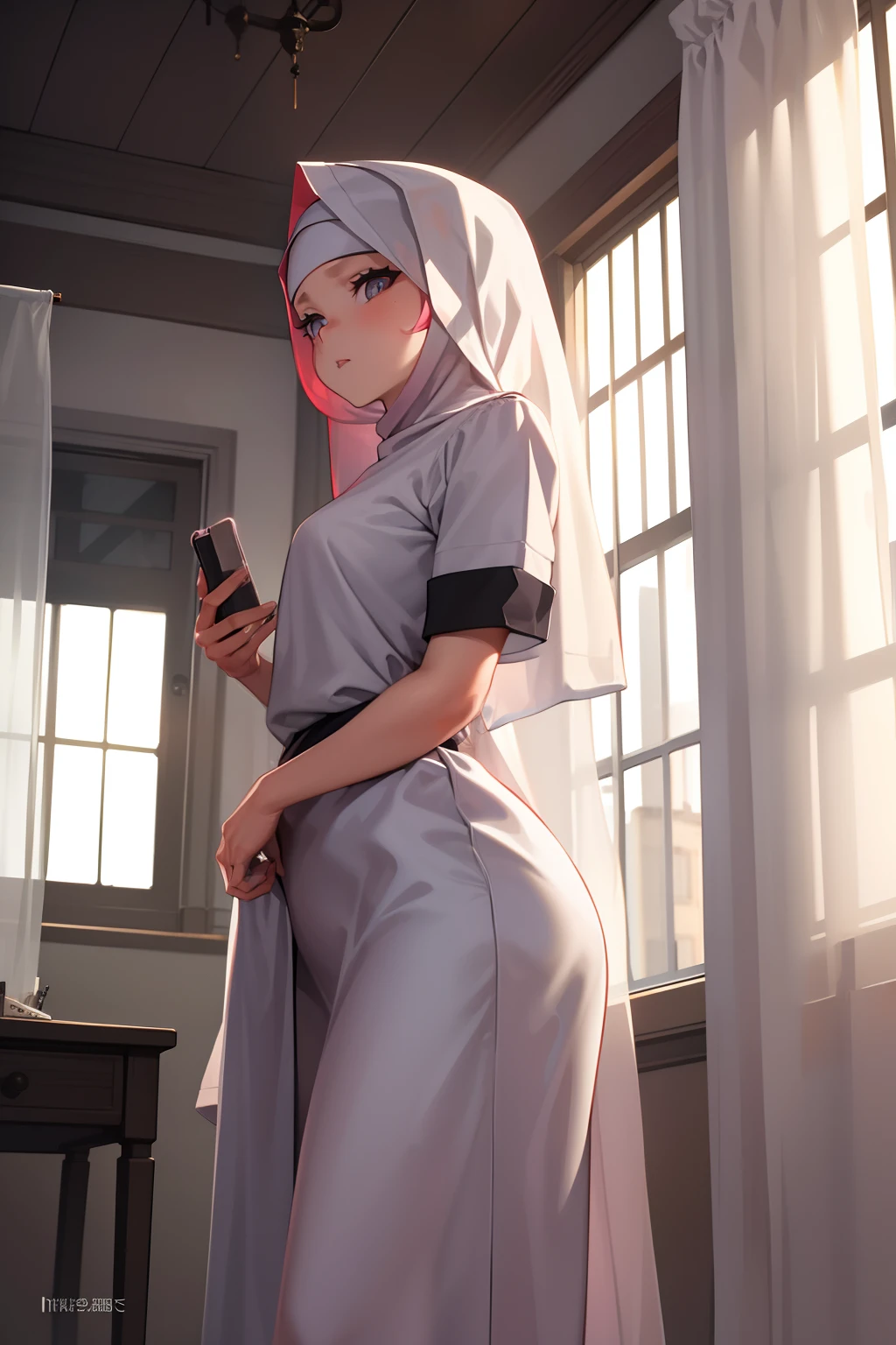 infirmary, curtains, 1girl, nurse,, masterpiece, best quality, highly detailed, hijabi