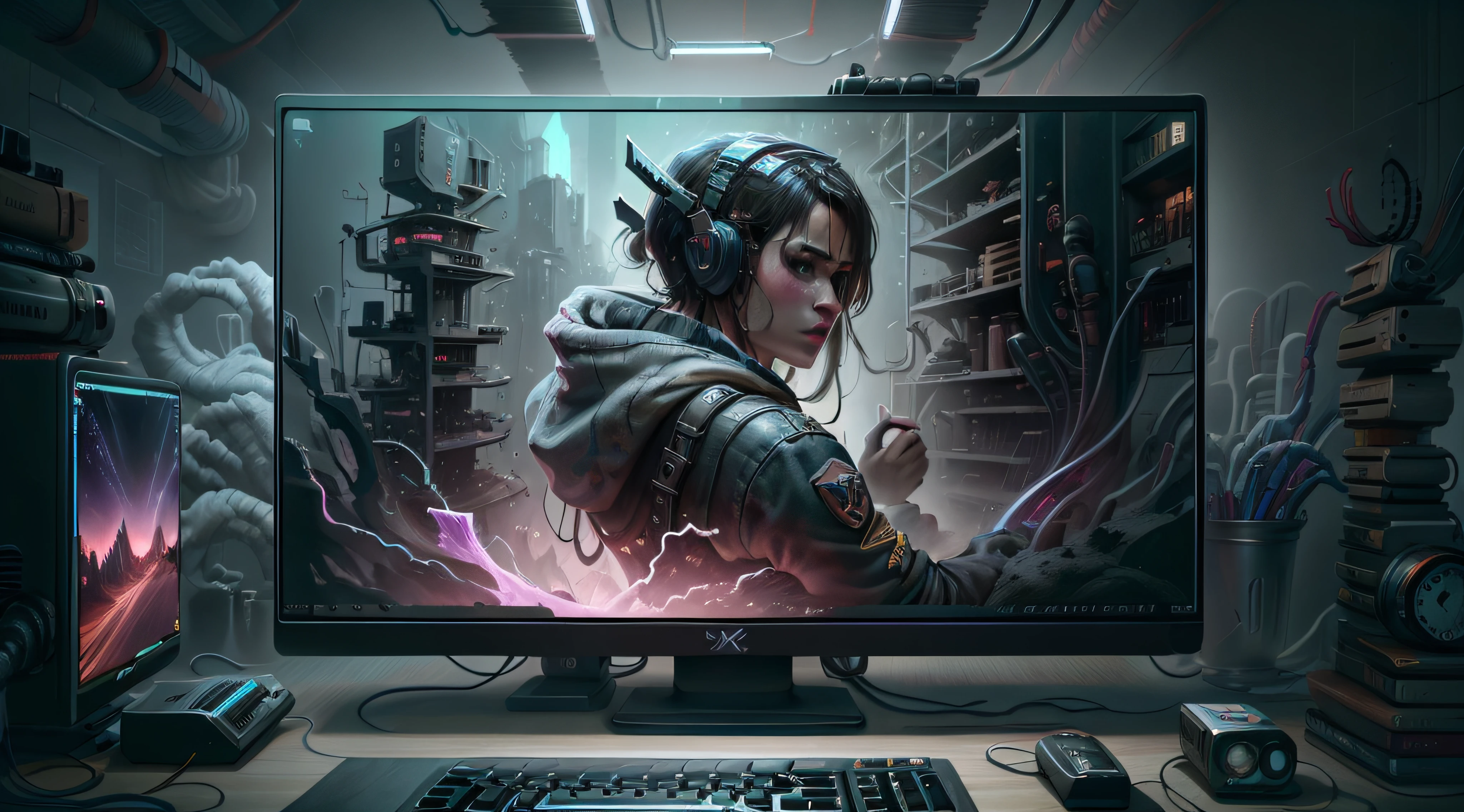 Gamer PC, RGB, gpu, cupboard, Display with landscape wallpapers, keyboards, Full setup, Efeito de Luz, moderno, Technological, Ultra-realistic self-portrait, 8K  UHD, Digital SLR, Film Particle, Realistic painting Fujifilm XT3 art halfway,