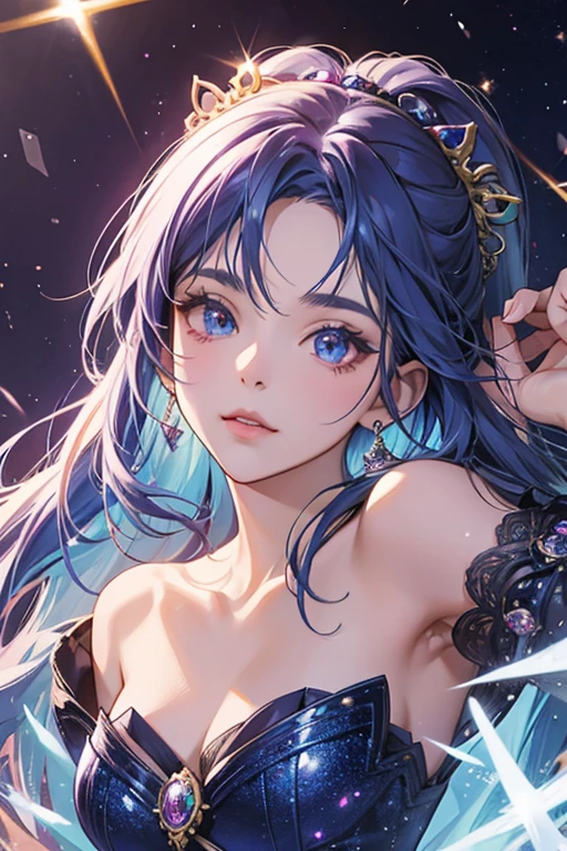 anime style; 3d; glitter; iolite stone goddess