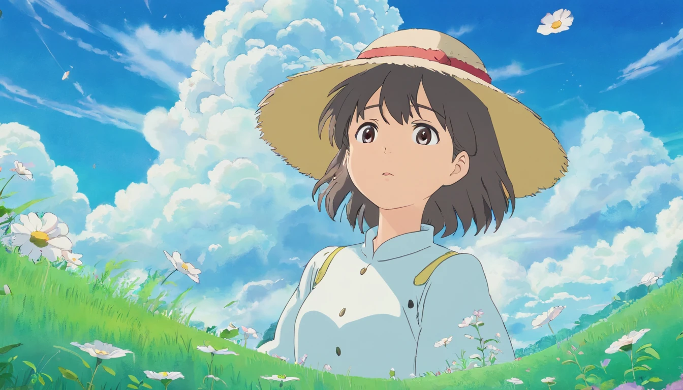 Heaven,Cloud,exteriors,soio,Hats,haar,grassy,fronds,closing her eyes,Cloudy sky,petals,standing,围巾,No Man,Lua,Under water,blister,.