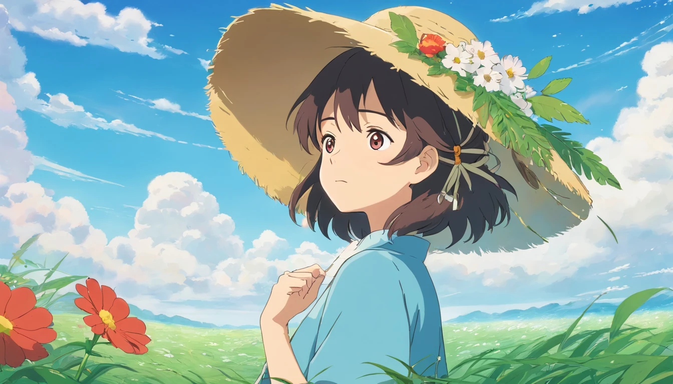 Heaven,Cloud,exteriors,soio,Hats,haar,grassy,fronds,closing her eyes,Cloudy sky,petals,standing,围巾,No Man,Lua,Under water,blister,.