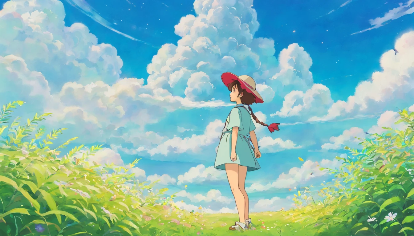 Heaven,Cloud,exteriors,soio,Hats,haar,grassy,fronds,closing her eyes,Cloudy sky,petals,standing,围巾,No Man,Lua,Under water,blister,.