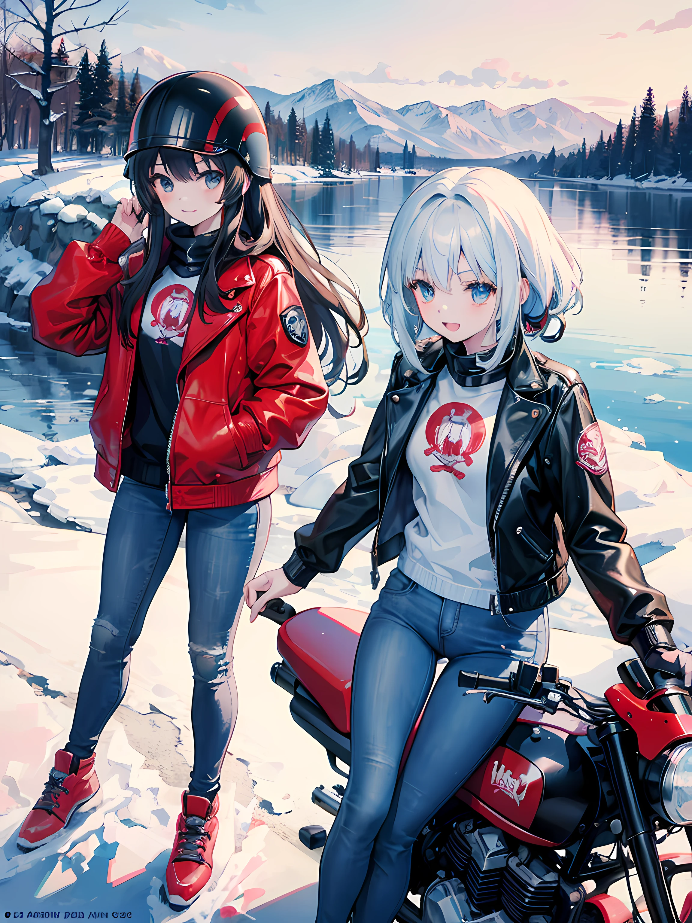 anime picture of two girls riding a motorcycle in the snow, happy!!!, small lake in the background, (2girl), leather jackets, jeans, wearing helmets, red motorcycle, ultrasharp, masterpiece, high res, 8k
