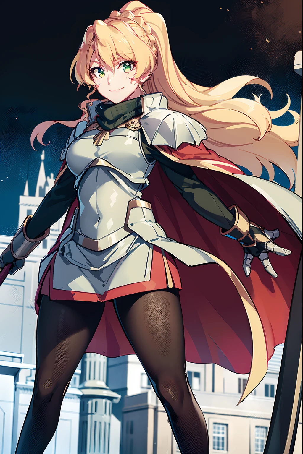 skirt vest, pantyhose, ponytail, long hair, blond hair, knight, medium breast,alicetaria february, green eyes,,smile, staff holding, cape, scarf, thick eyelashes,, castle background,fantasy,